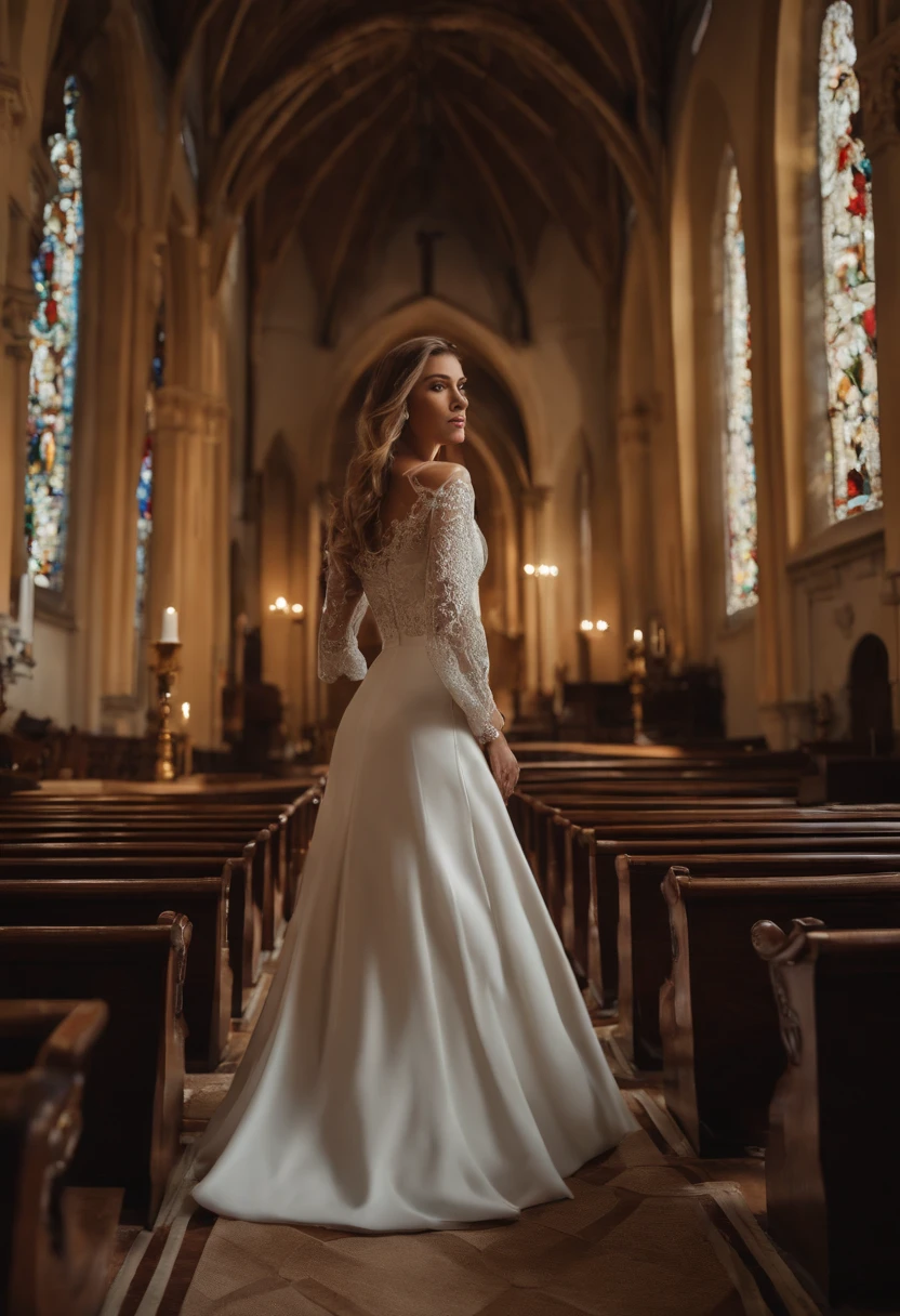4k, Realistic, Muito Detalhe, There's a girl in the church, she's white, Roupas macias, cabelos no ombro, usando leggings, 42 anos, corpo inteiro, usando sapatos gucci