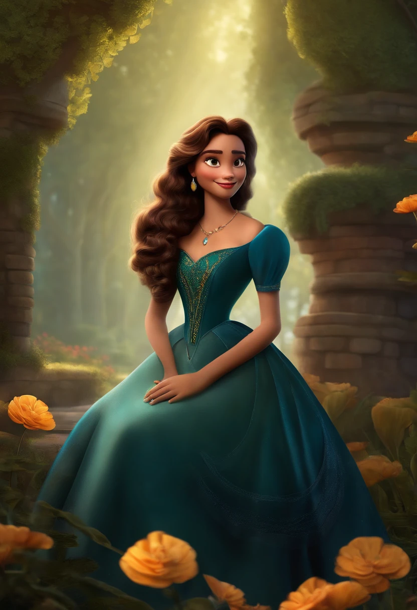 Post Disney Pixar. The person is a beautiful young woman, cabelo preto medio liso ondulado, olhos castanho, morena clara, sorrindo, vestida desscente e elegante