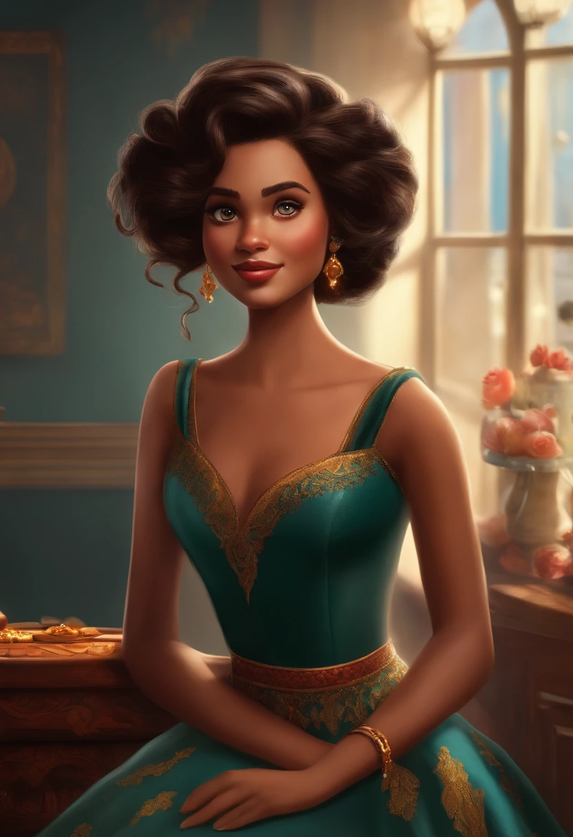 Post Disney Pixar. The person is a beautiful young woman, cabelo preto medio liso ondulado, olhos castanho, morena clara, sorrindo, vestida desscente e elegante