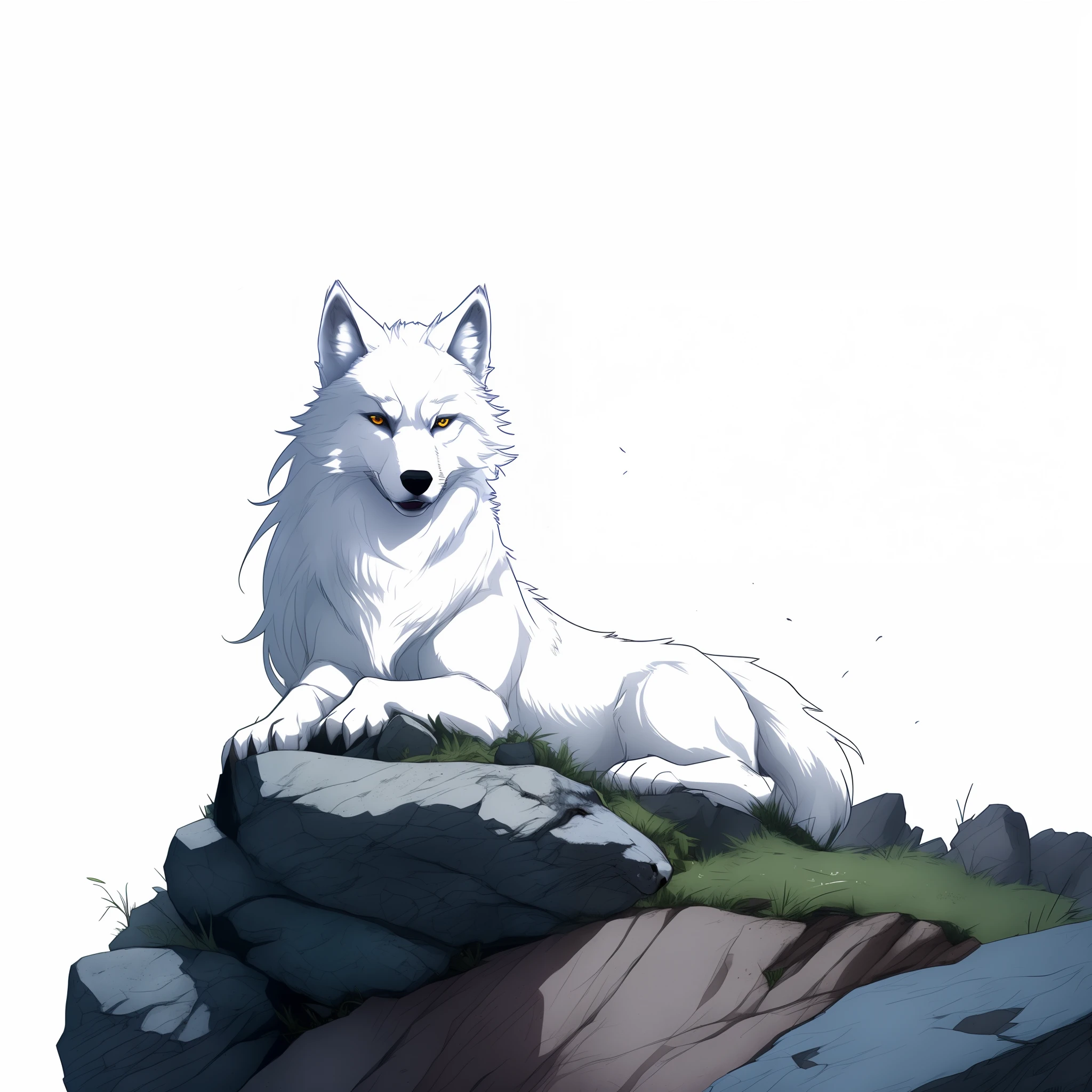 there is a white wolf sitting on a rock with a white background, white wolf, a white wolf, white fox anime, wolf companion, great wolf, photo of wolf, furry wolf, wolf, white wolf with blue eyes, an anthro wolf, an anthropomorphic wolf, female anthropomorphic wolf, lone wolf, anthropomorphic wolf