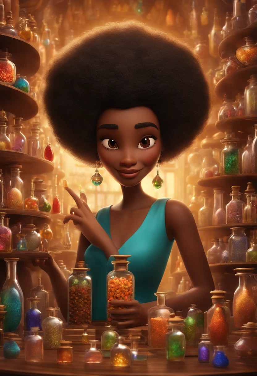 A collector of ideas inspired by Pixar animation, de perto. She is surrounded by a collection of magic vials, each containing a unique idea. The focus is on the character, with a captivating facial expression, Against a backdrop of shimmering, cores efervescentes.