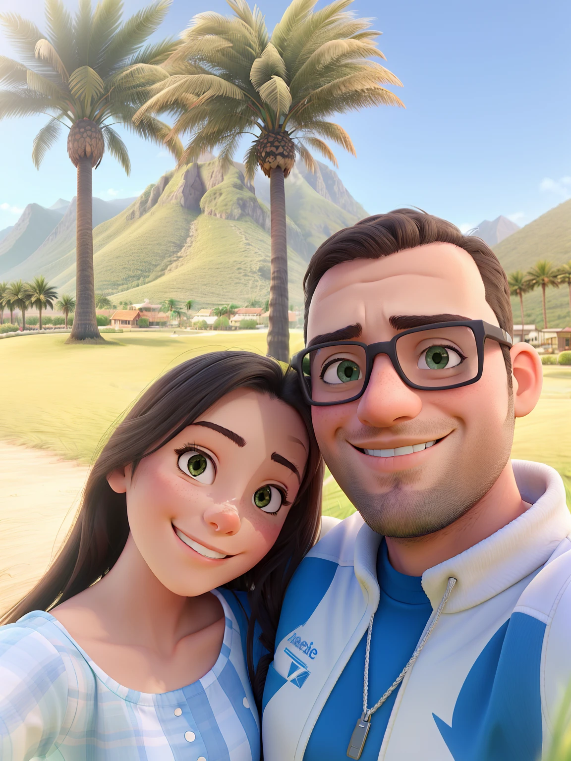 Couple hugging taking a selfie with grass, palm trees and mountain in the background
