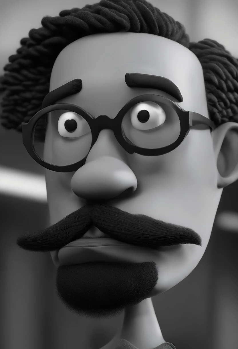 Cartoon character of a black man with mustache and goatee wearing black glasses and a black shirt, cortando um cabelo loiro , um personagem animado, Caractere estilizado, animation style rendering, 3D estilizado, Arnold Maya render, 3 d render stylized, toon render keyshot, Personagem 3D, Personagem 3D, 3d rendering stylized, 3 d character render, personagem de desenho animado, Personagem de close up, Pose de personagem, (Estilo Pixar) (master part:1.2) (Bokeh) (best quality) (pele detalhada) (textura detalhada) (8k) (argila) (Cinematic lighting) (foco nítido,Senta e vaza a parte superior do corpo