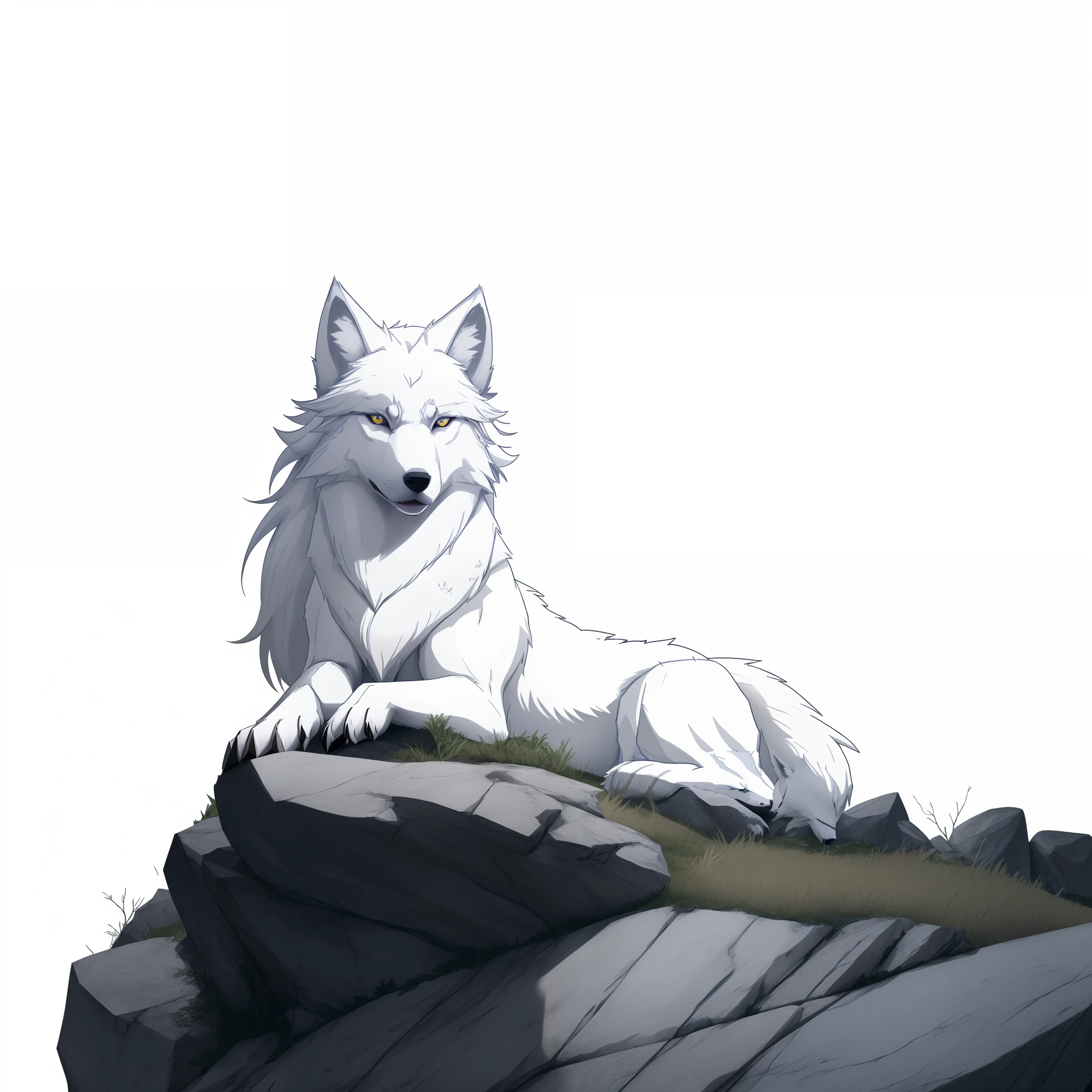 there is a white wolf sitting on a rock with a white background, white wolf, a white wolf, white fox anime, wolf companion, great wolf, photo of wolf, furry wolf, wolf, white wolf with blue eyes, an anthro wolf, an anthropomorphic wolf, female anthropomorphic wolf, lone wolf, anthropomorphic wolf