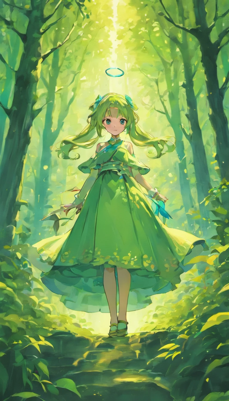A girl in a green dress standing in the woods - SeaArt AI