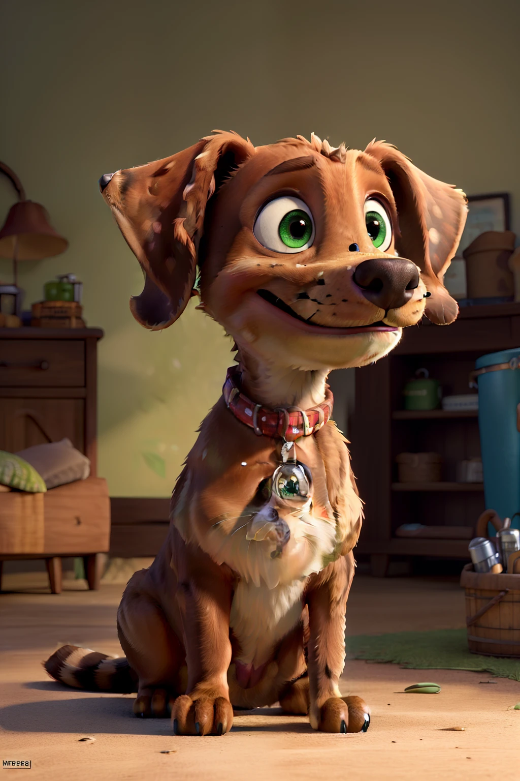 (best quality,highres,masterpiece:1.2),ultra-detailed,realistic,photorealistic:1.37,pixar-style,brown dachshund with light brown markings on its back and green eyes,small-sized dog standing on a colorful hill with clear cans and eyebrows