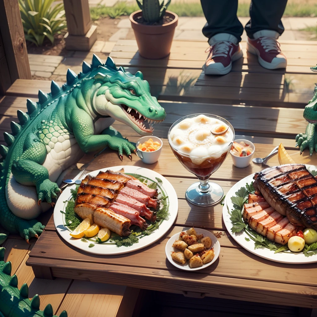 happy cartoon alligators dinning BBQ in a table --auto --s2