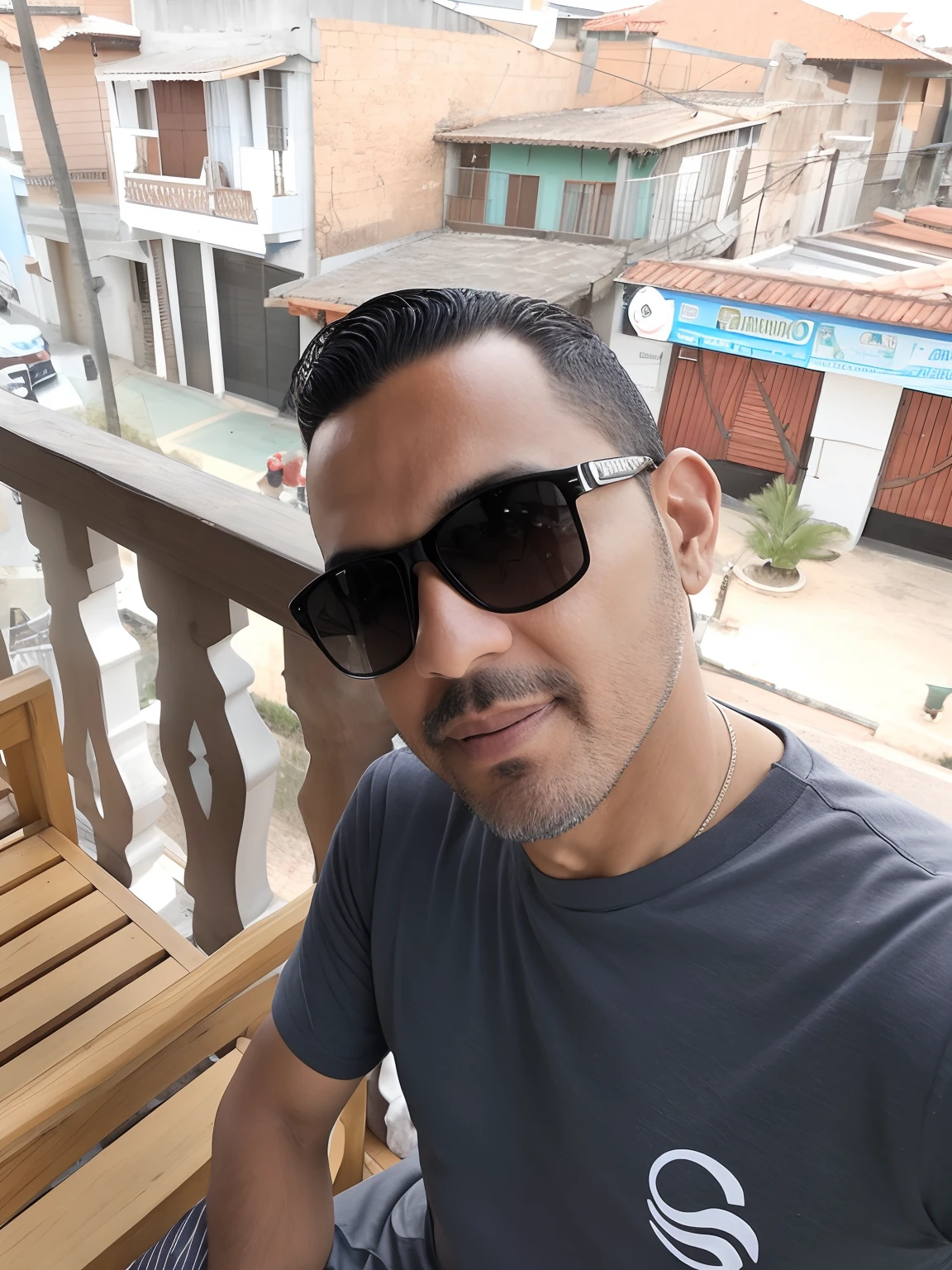 There's a man who's sitting on a balcony with a wooden bench, andres rios, zigor samaniego, salvador, david rios ferreira, caio santos, cerca de 3 5 anos, Cristiano Orrillo, Estilo Zigor Samaniego, 3 2 anos, victor maristane, 2 9 anos, icaro carvalho