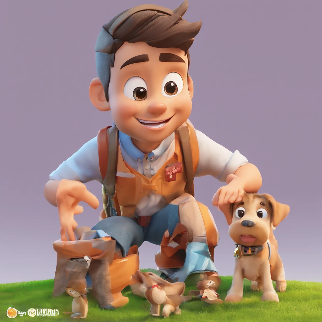 Lucas is a smiling 34-year-old human boy, com seu fiel amigo, Bolt, o cachorro caramelo de 32 kg, deitados no jardim