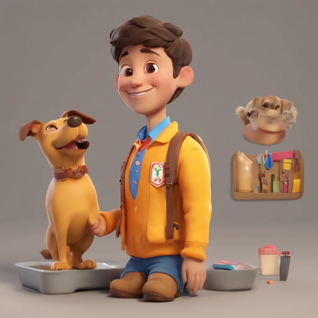 Lucas is a smiling 34-year-old human boy, com seu fiel amigo, Bolt, o cachorro caramelo de 32 kg, deitados no jardim