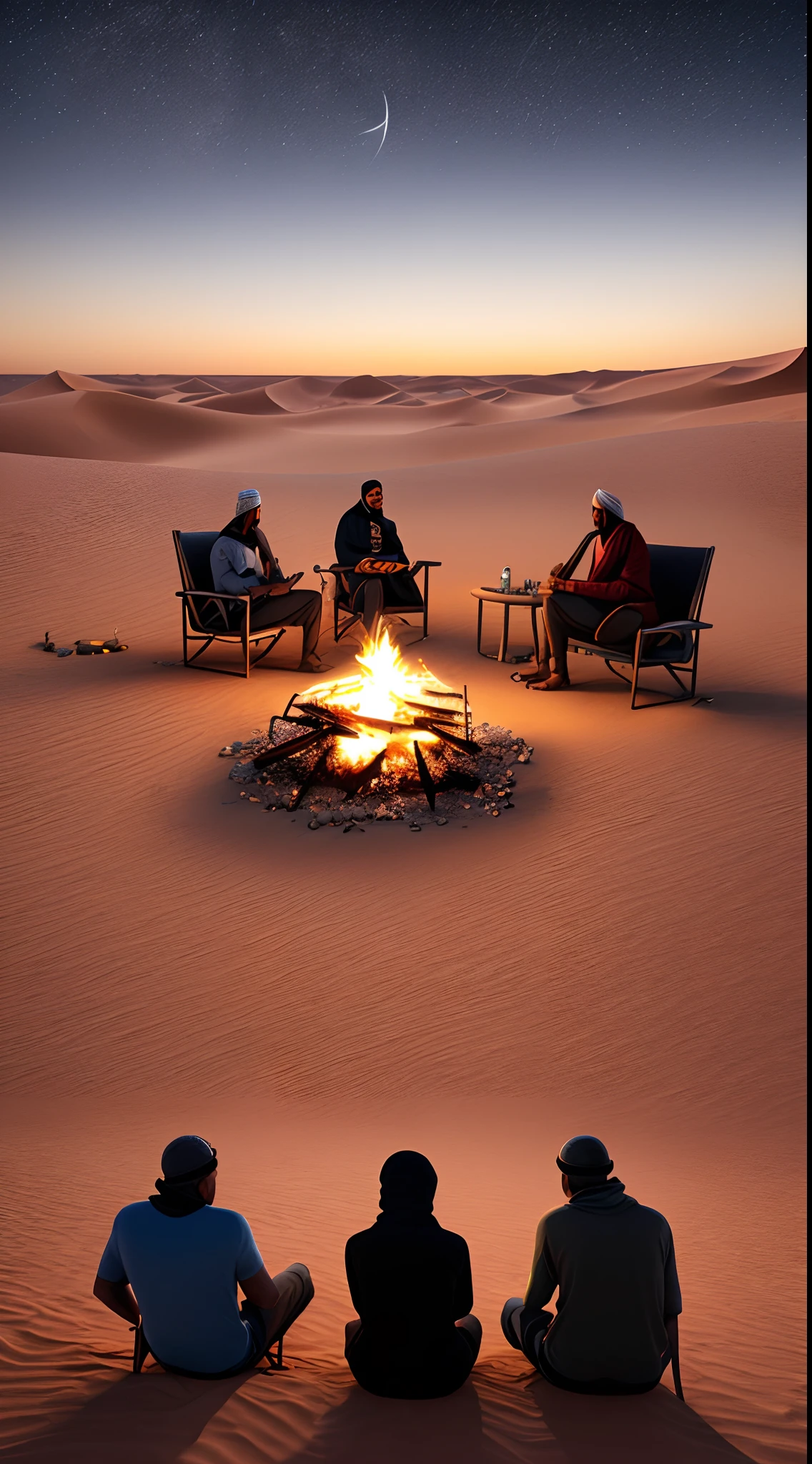 3 Arabs in the Sahara Desert at night sitting by the campfire watching the stars and 2 Nissan patrol safari cars parked next to them Ultra high res.photorealistic:.1.4,UHD iPhone 14 camera quality
