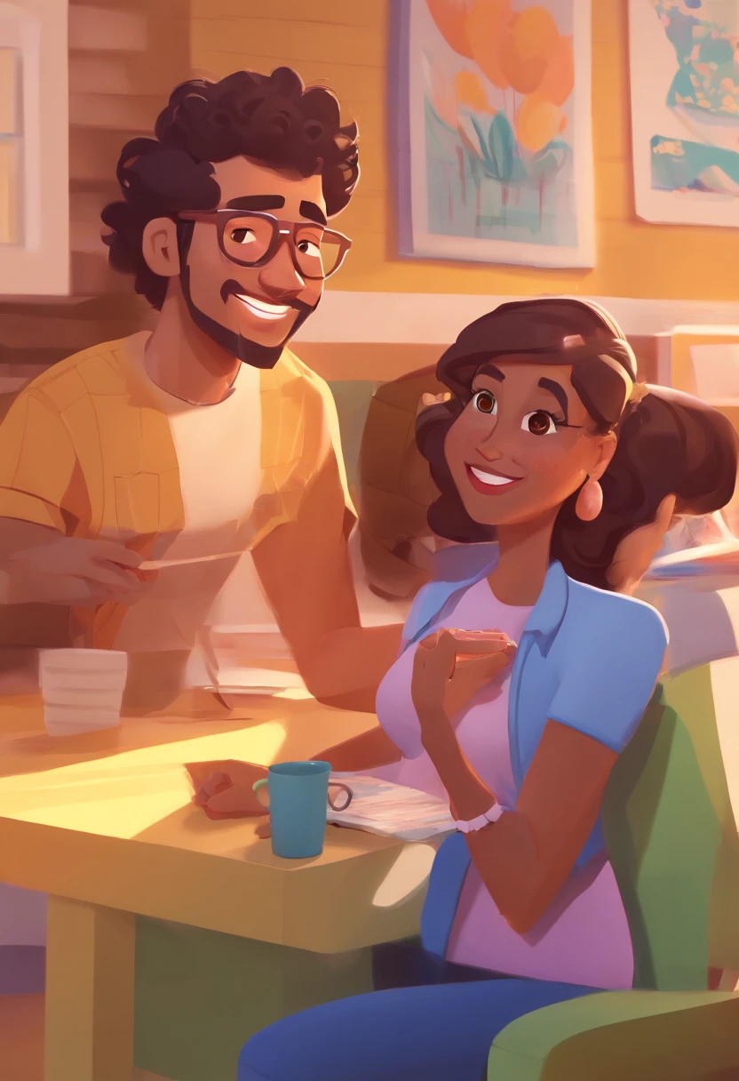 An illustration of an adorable couple, Highlight for a chubby mulatto man with smiling glasses and a brunette woman with beautiful expressive eyes - the man's skin is mulatto and the man's hair has, while the woman's skin is black and the woman's hair is straight and brown. They are a bright room, cada um com um sorriso no rosto, e compartilhar um momento especial caracterizado pelo amor, Insights. Illustrate this scene from a perspective where they are facing the camera, Smiling and Showing Your Connection. Desenvolva esta arte em Full HD, Focus on your cinematic touch, Estilo Disney Pixar Animations