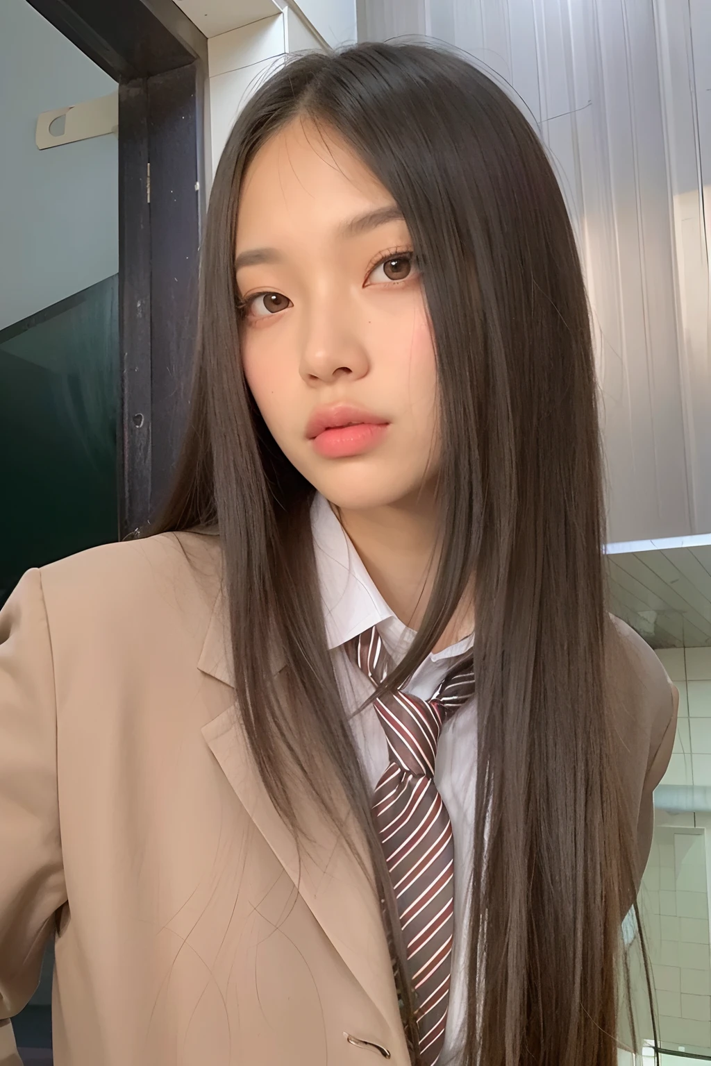 Hay una mujer de pelo largo con traje y corbata, Blackpink Jennie, con el pelo largo, Asian girl with long hair, Jaeyeon Nam, Jossi de Blackpink, young asian woman, Parque Roseanne de Blackpink, Chica coreana, El Corte Hime, Sha Xi, young cute wan asian face, Xision Wu, south east asian with round face, 18 years old