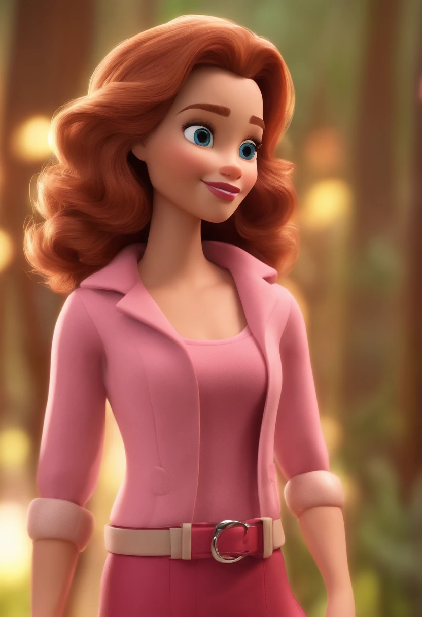 Uma adolescente loira, com cabelos loiros e no ombro, olhos verdescom um fundo rosa, um personagem animado, Caractere estilizado, animation style rendering, 3D estilizado, Arnold Maya render, 3 d render stylized, toon render keyshot, Personagem 3D, Personagem 3D, 3d rendering stylized, 3 d character render, personagem de desenho animado, Personagem de close up, Pose de personagem, (Estilo Pixar) (master part:1.2) (Bokeh) (best quality) (pele detalhada) (textura detalhada) (8k) (argila) (Cinematic lighting) (foco nítido，Senta e vaza a parte superior do corpo