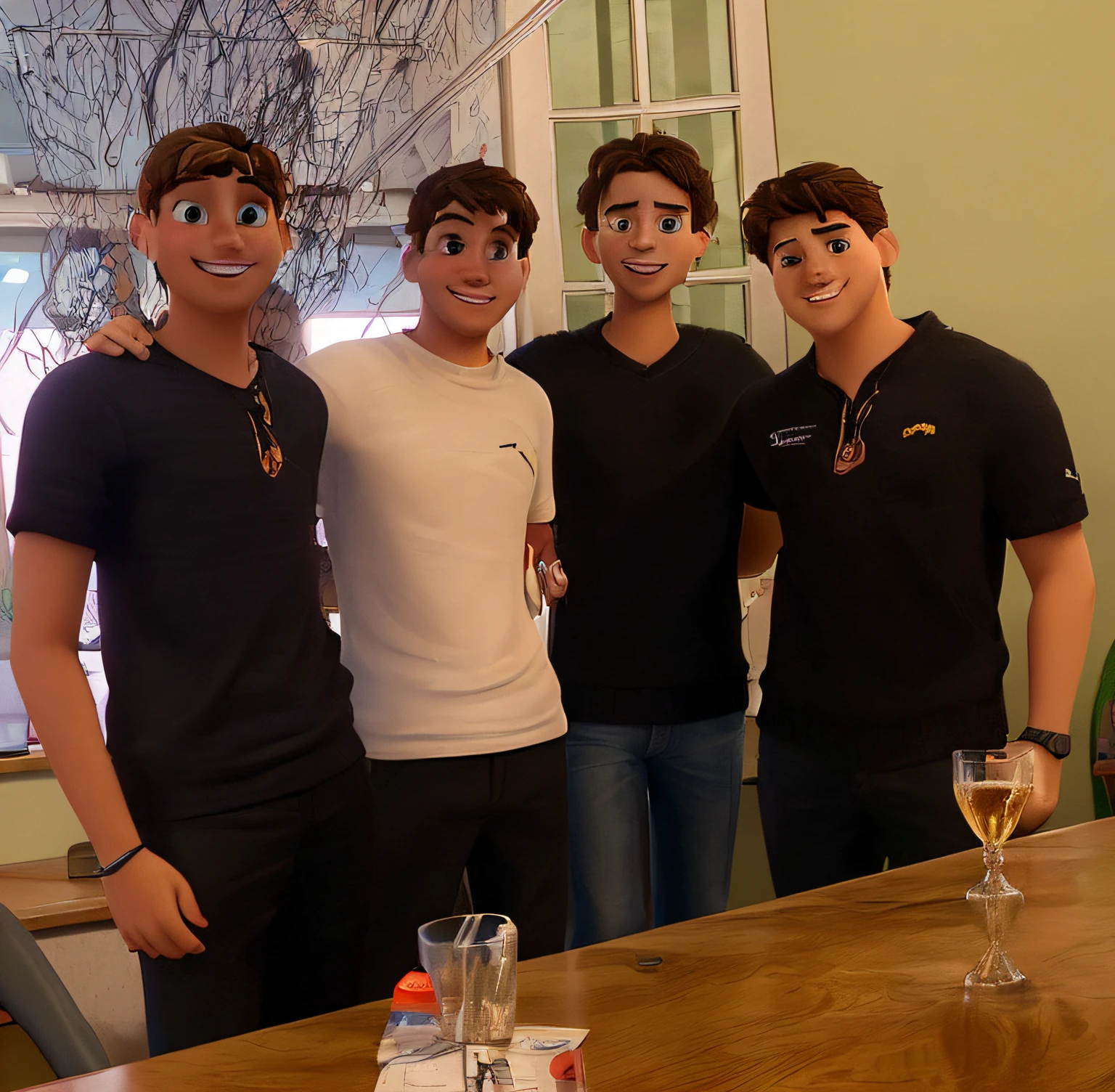 a group of 4 young people in a business office with a written TK VENTURES in the style of a Pixar movie poster