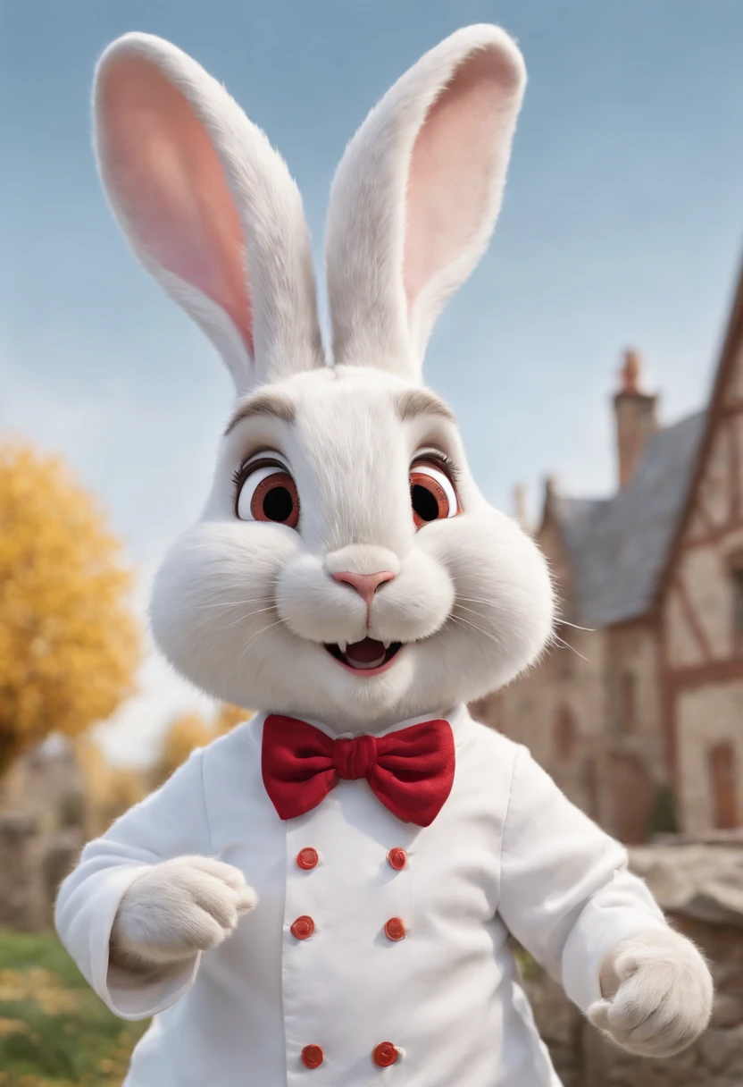 3D estilo Pixar Disney, Adorable full-length white rabbit with a large, Wide smile with visible upper teeth, Grandes olhos azuis, Big ears and chef's hat on his head, Wears a red maple dolman with chrome buttons, em um pano de fundo completamente branco, foco nítido, Fotografia RAW, dramatic lighting, retrato de corpo inteiro, Standing, foto de corpo inteiro , fotografia de corpo inteiro,