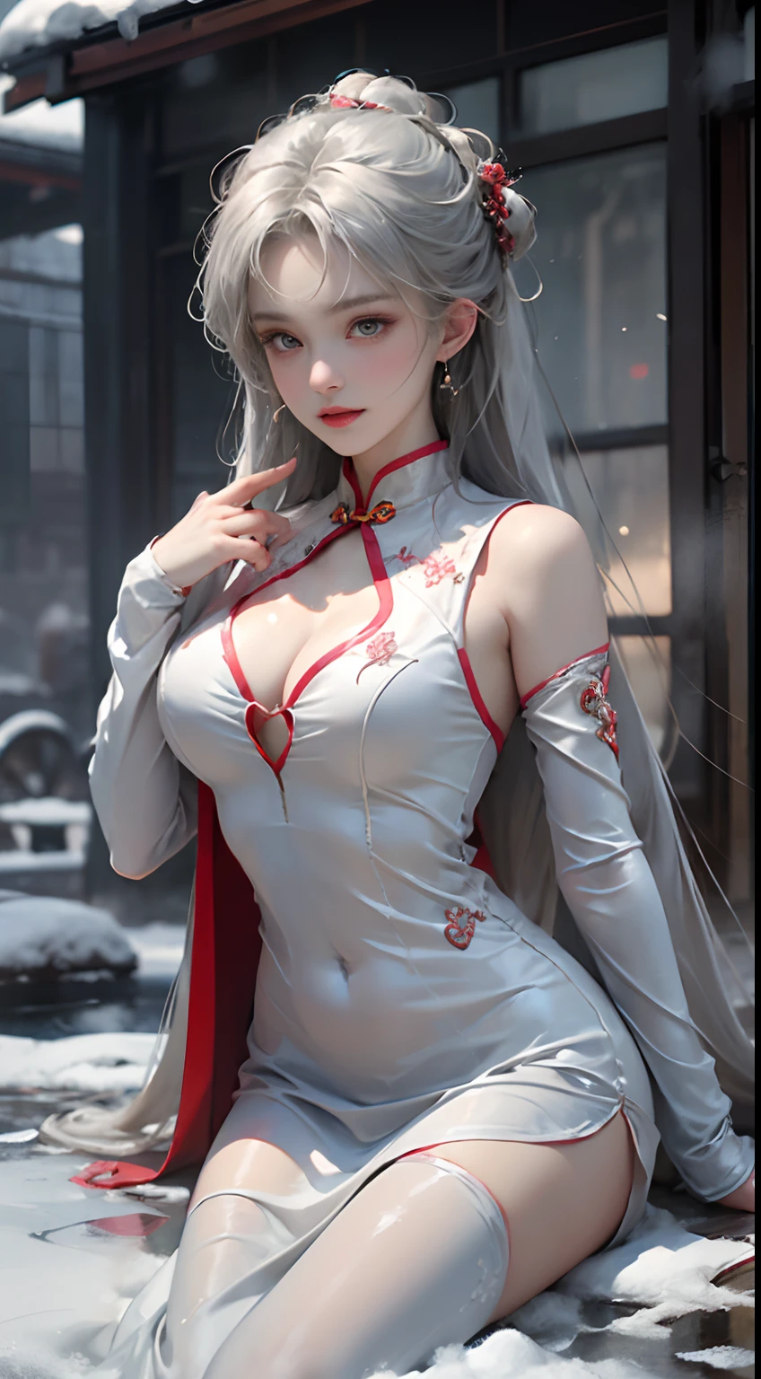 ((SuperiorQuality, 8K, tmasterpiece: 1.5)), Pubic area is clear: 1.3 Perfect body beauty: 1.4, Large of breast, Light gray hair, Red openwork cheongsam,wetted skin, the areola is visible, Clear liquid splashed on the body, Sleep in the snow,Film texture,