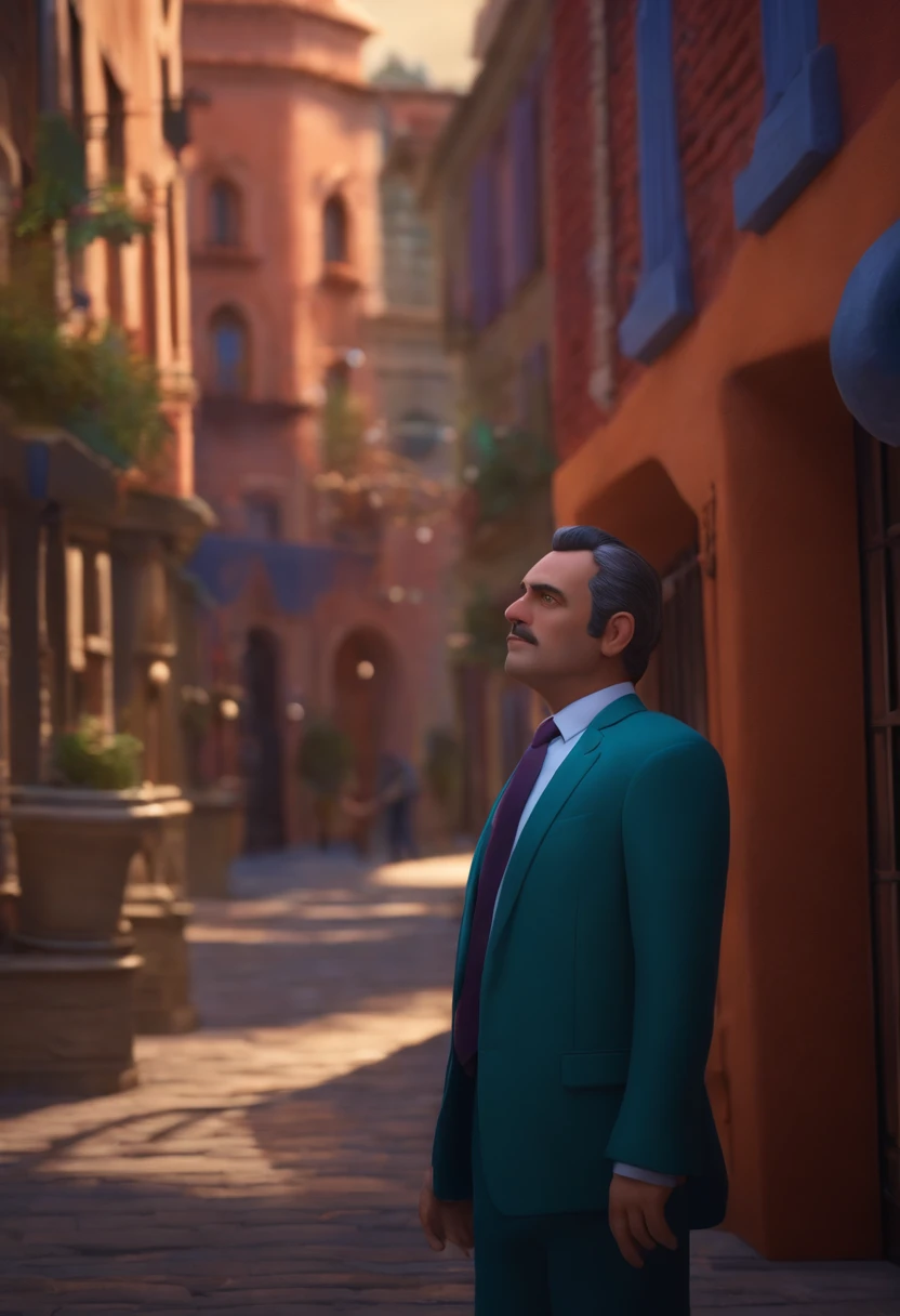 A city councilman looking at a dream project inspired by Pixar animation, de perto. The character takes center stage with captivating facial expressions, oferecendo um toque de irrealidade