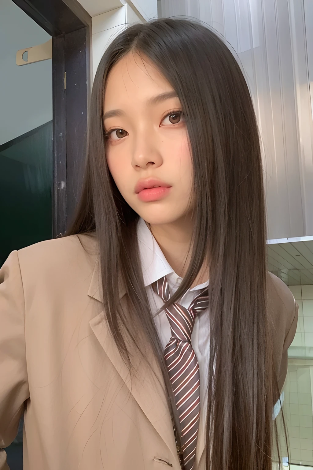 Hay una mujer de pelo largo con traje y corbata, Blackpink Jennie, con el pelo largo, Asian girl with long hair, Jaeyeon Nam, Jossi de Blackpink, young asian woman, Parque Roseanne de Blackpink, Chica coreana, El Corte Hime, Sha Xi, young cute wan asian face, Xision Wu, south east asian with round face, 18 years old