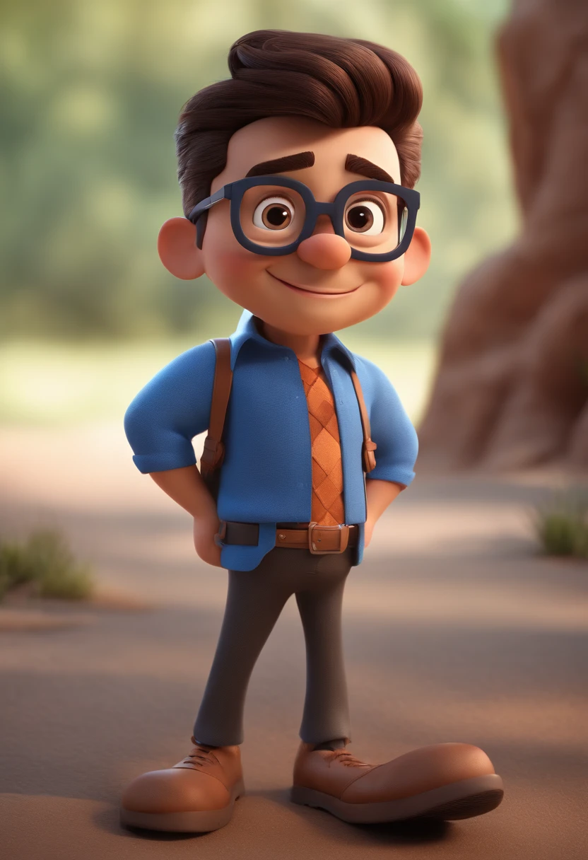 Cartoon character of a man with black glasses and a blue shirt, animation character, Caractere estilizado, animation style rendering, 3D estilizado, Arnold Maya render, 3 d render stylized, toon render keyshot, Personagem 3D, Personagem 3D, 3d rendering stylized, 3 d character render, personagem de desenho animado, Personagem de close up, Pose de personagem,  (Estilo Pixar) (master part:1.2) (Bokeh) (best quality) (pele detalhada) (textura detalhada) (8k) (argila) (Cinematic lighting) (foco nítido
