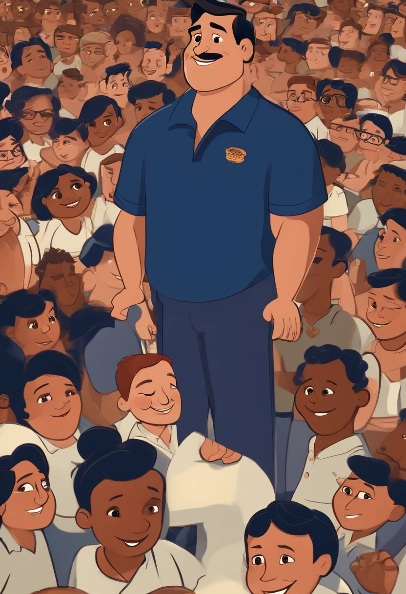 Disney Pixar Character Man Politician 42 years old chubby Black hair Smiling navy blue polo shirt in the middle of the happy and content population holding a sign written Léo Vieira Mayor