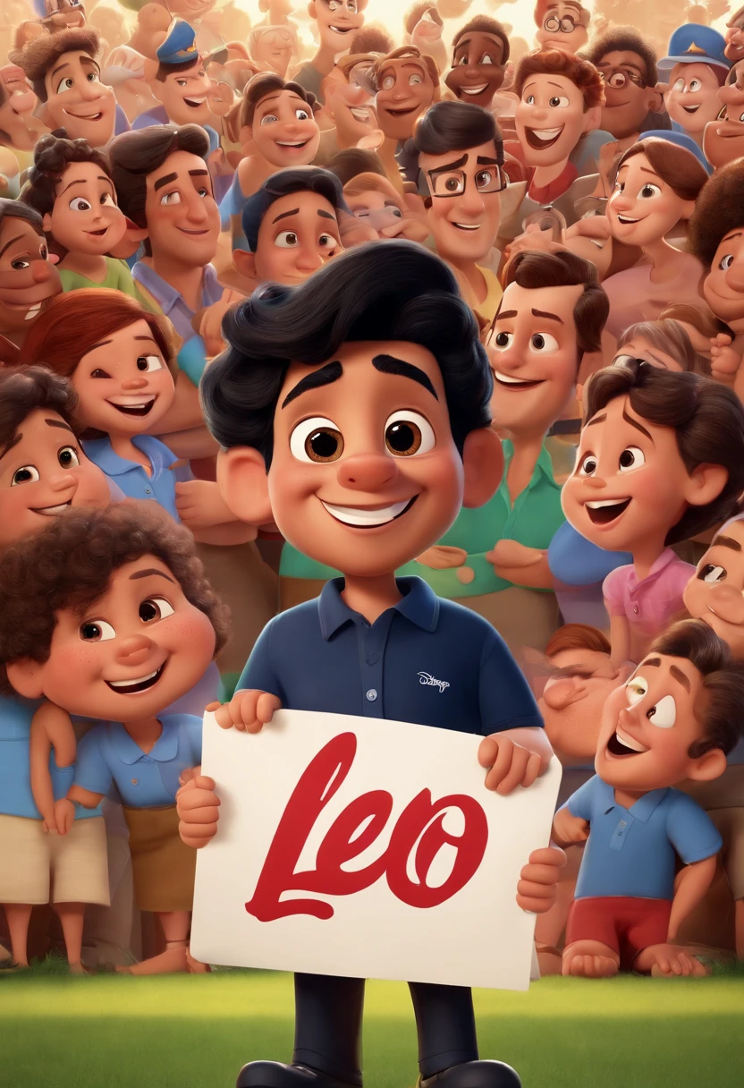 Disney Pixar Character Man Politician 42 years old chubby Black hair Smiling navy blue polo shirt in the middle of the happy and content population holding a sign written Léo Vieira Mayor