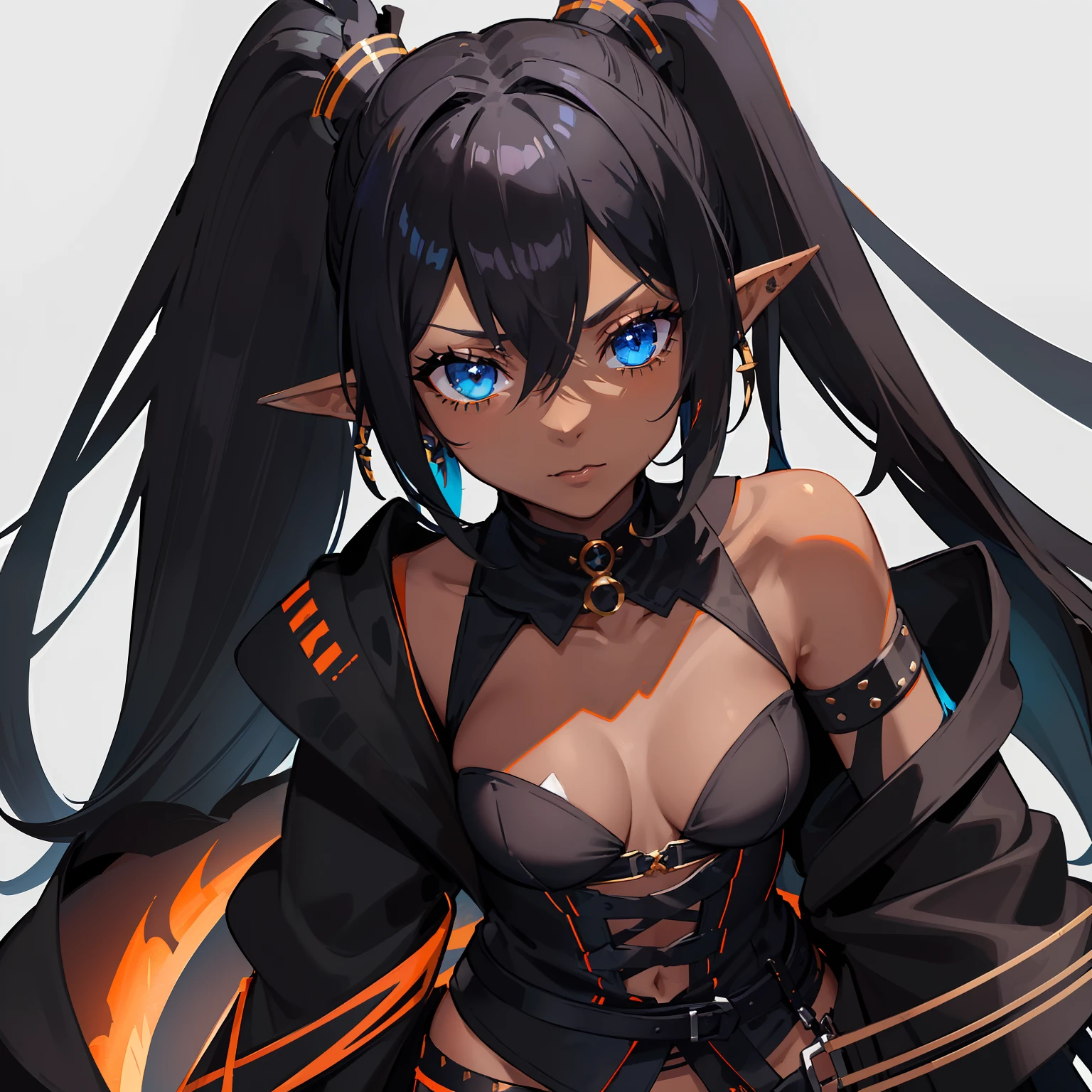 1girl , (((Dark Skin)))), Black Hair with Ponytail, (((Blue Eyes))), ((Black Metallic Gauntlets and Greaves with Orange and Silver Highlights)), (((The Clothes Have a Mix of Modern and Tribal))), (((The Clothes Have a Mix of Modern and Tribal))),  having mostly the color black, but having parts in orange, shoulders exposed, at the hip a shorts that extend to half of the thigh of black color. ((Black Overcoat with a orange inner part)) absurd res, best res, high res, best face, best eyes, (((Dragon Tail))), ((Elf Ears)) ((Vest with a Collar with White fur))