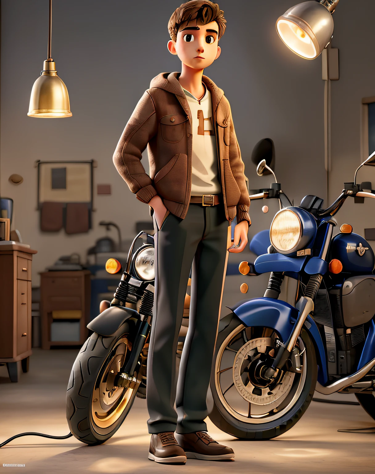 A wise young man standing in front, illuminated by the light of a lamp, against the backdrop of a MOTORCYCLE PART