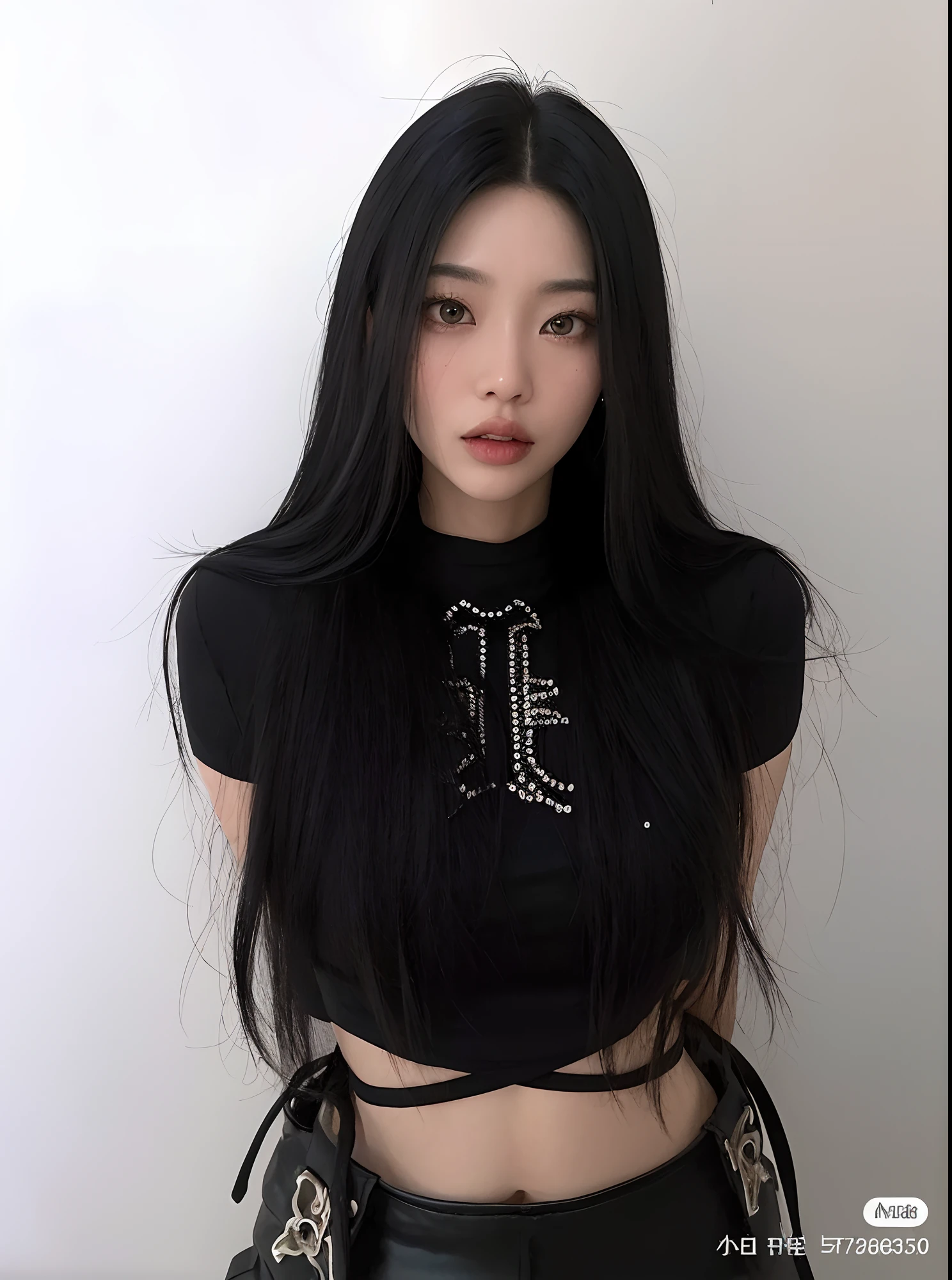 Asian woman araffed with long black hair wearing a black top, cruel korean goth girl, cabelos pretos longos e finos, com longos cabelos escuros, com longos cabelos pretos, com cabelos longos, cabelos longos escuros, Cabelos longos de corvo, com cabelos longos e olhos penetrantes, cabelos pretos longos, cabelo longo preto, Asian girl with long hair, Ulzzang, preto hime corte cabelo