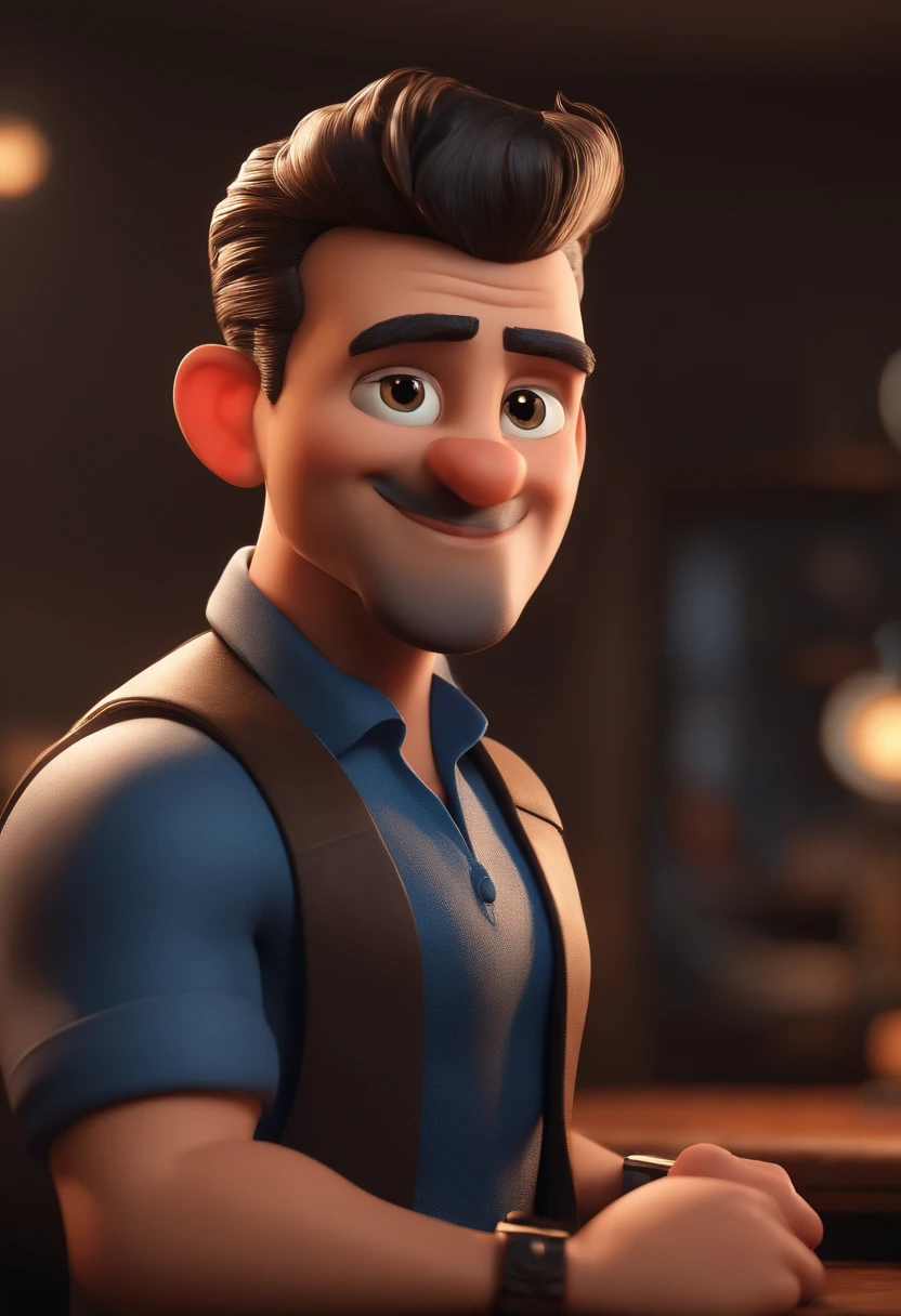 , Um homem branco, magro com rosto fino ,careca , com barba , com blusa social moderna , na frente de um fundo  ,Caractere estilizado, animation style rendering, 3D estilizado, Arnold Maya render, 3 d render stylized, toon render keyshot, Personagem 3D, Personagem 3D, 3d rendering stylized, 3 d character render, personagem de desenho animado, Personagem de close up, Pose de personagem,  (Estilo Pixar) (master part:1.2) (Bokeh) (melhor
