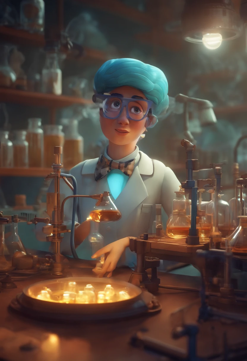 Create a Pixar-style character inside a chemistry lab, jaleco branco ,personagem loira com mechas