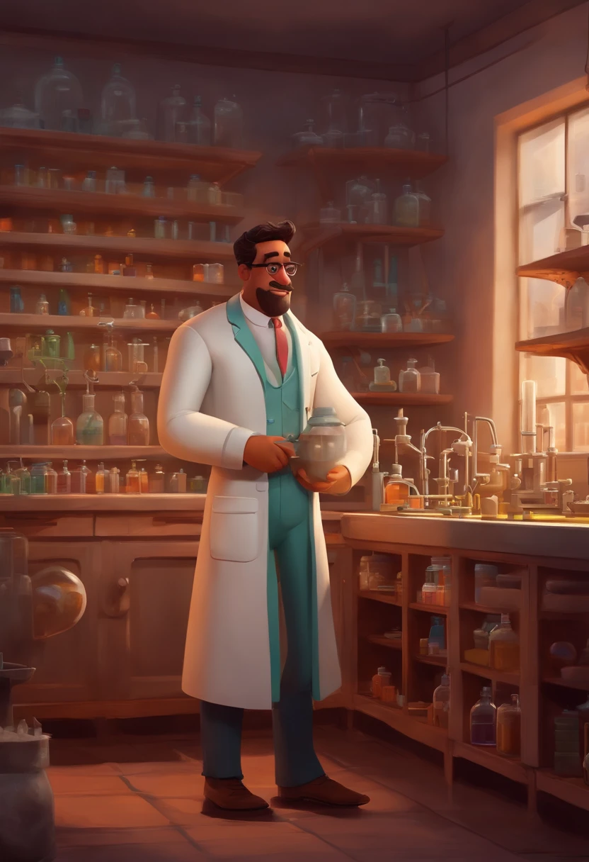 Create a Pixar-style character inside a chemistry lab, jaleco branco ,personagem loira com mechas