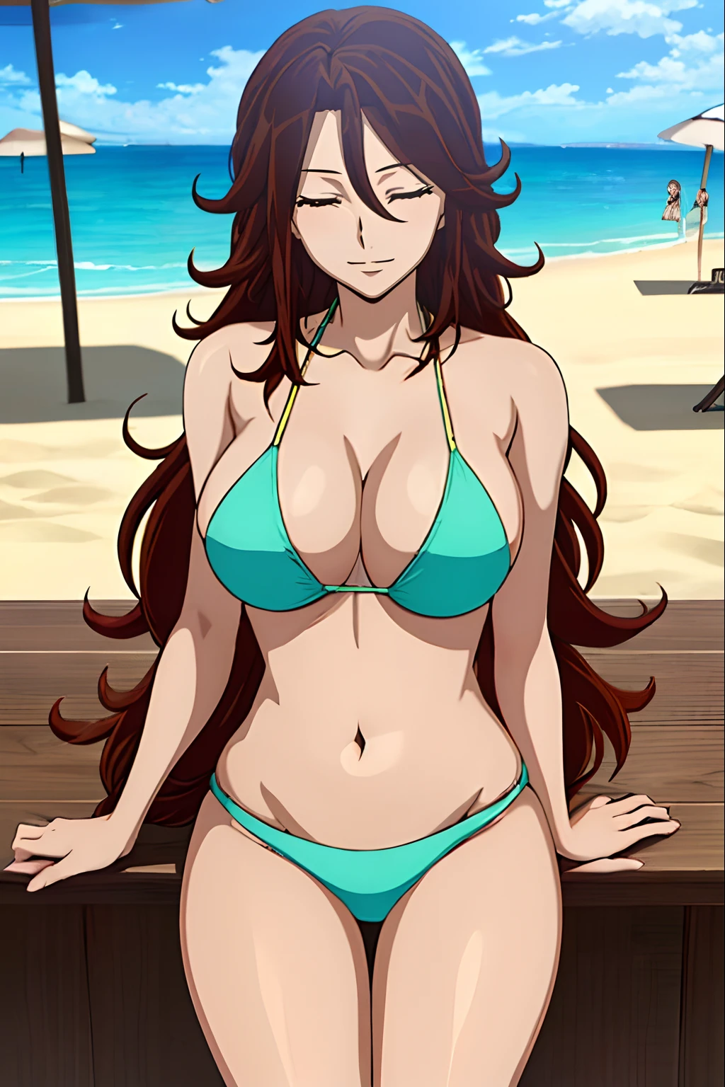 Elegant lady, anime style: 1.8, anime drawing, ultra detailed face, ultra detailed body, 4k, Sumergai Lee Noriega, ((sleeping at beach), closed eyes), best quality, anime style, hires, highest definition, digital blending, bold drawing lines, (), ( slim body, (little biceps), , off-shoulders, closed fists, (curvy: 2.8)), ((broken bikini, (chaps))), gentle, (pale skin, shiny skin, big breasts, smile), (big eyes, brown eyes), (brown hair, loose hair), 27 years old,