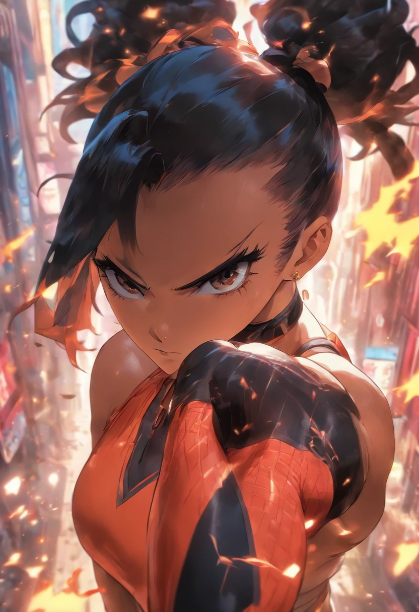 Muscular woman, Black hair, Black eyes, tall body, Small face, Short hair, Side buns, Fantasy outfit, Neutral Expression, Glaring eyes