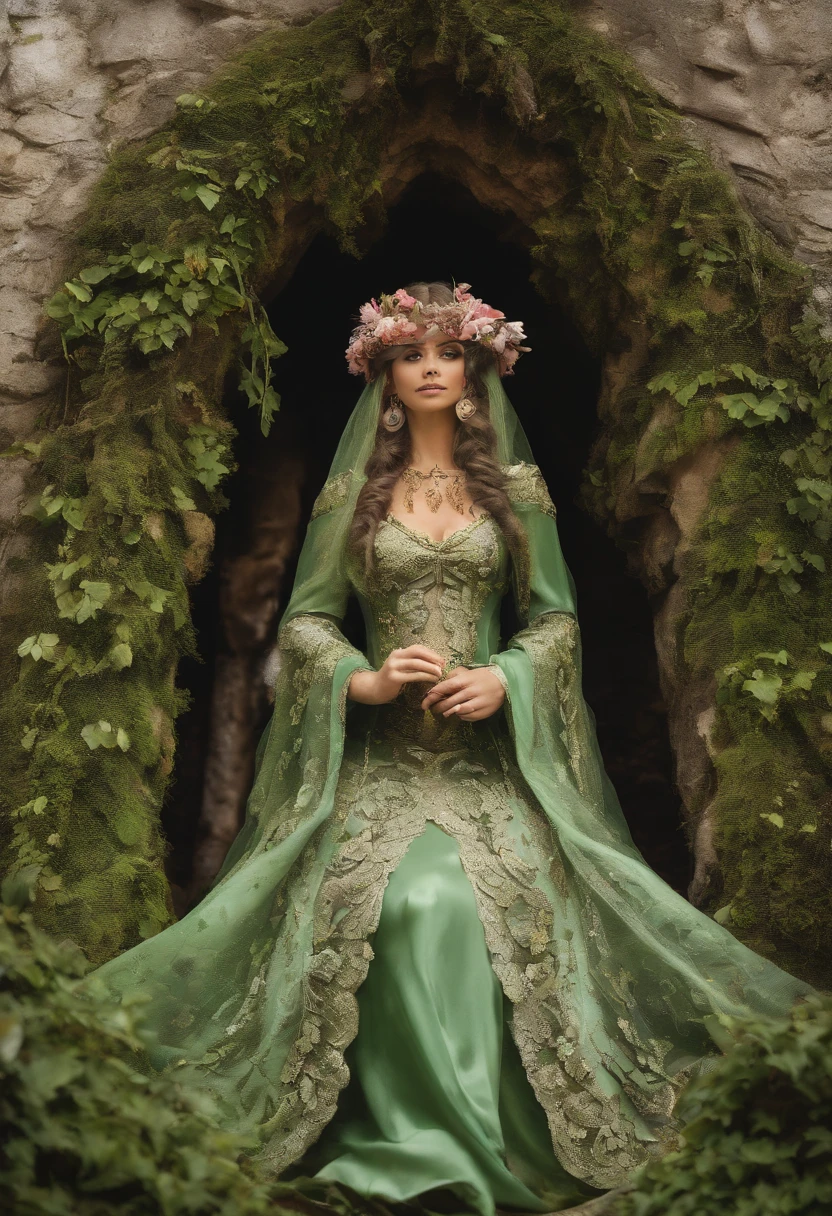 An elf of incomparable beauty sits on a carved wooden throne, cercada por flores e folhas. She wears a long, flowing dress in green, que combina com os seus olhos claros. Ela usa joias de ouro e pedras preciosas, que refletem a luz do sol que entra pelas janelas. Ela tem um rosto amargurado pela perda do seu rei, que morreu em uma batalha contra os orcs. She holds a wreath in her hands, That was the symbol of your love. Ela olha para o horizonte, esperando por um milagre que traga o seu amado de volta.