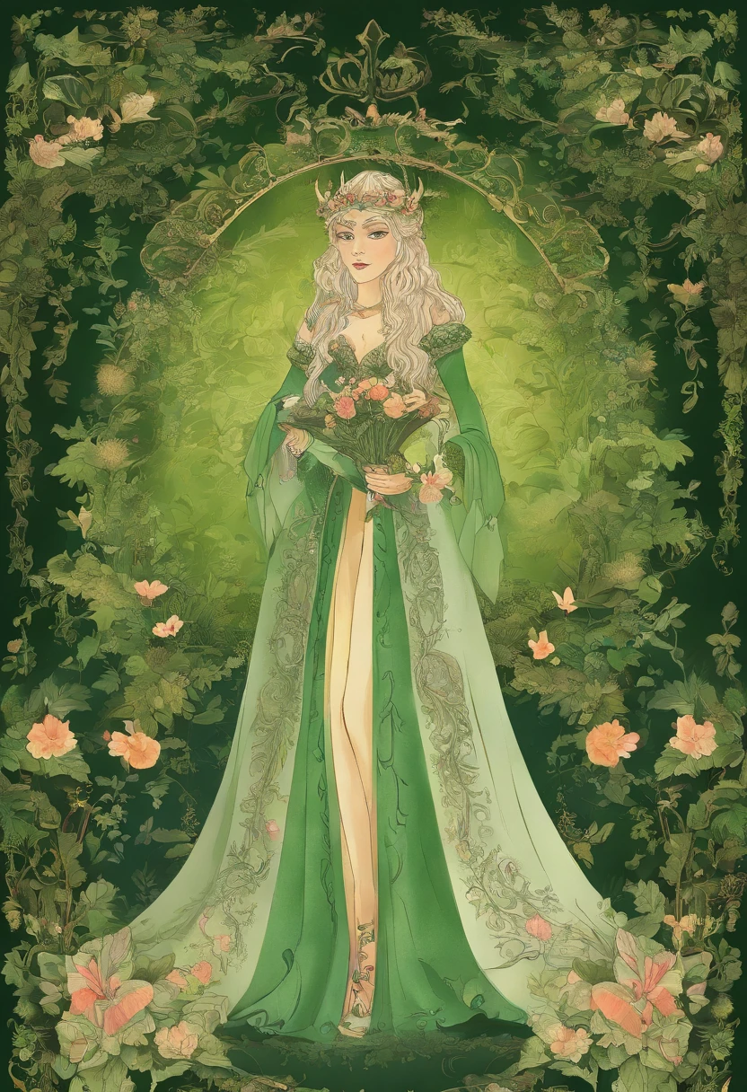 An elf of incomparable beauty sits on a carved wooden throne, cercada por flores e folhas. She wears a long, flowing dress in green, que combina com os seus olhos claros. Ela usa joias de ouro e pedras preciosas, que refletem a luz do sol que entra pelas janelas. Ela tem um rosto amargurado pela perda do seu rei, que morreu em uma batalha contra os orcs. She holds a wreath in her hands, That was the symbol of your love. Ela olha para o horizonte, esperando por um milagre que traga o seu amado de volta.