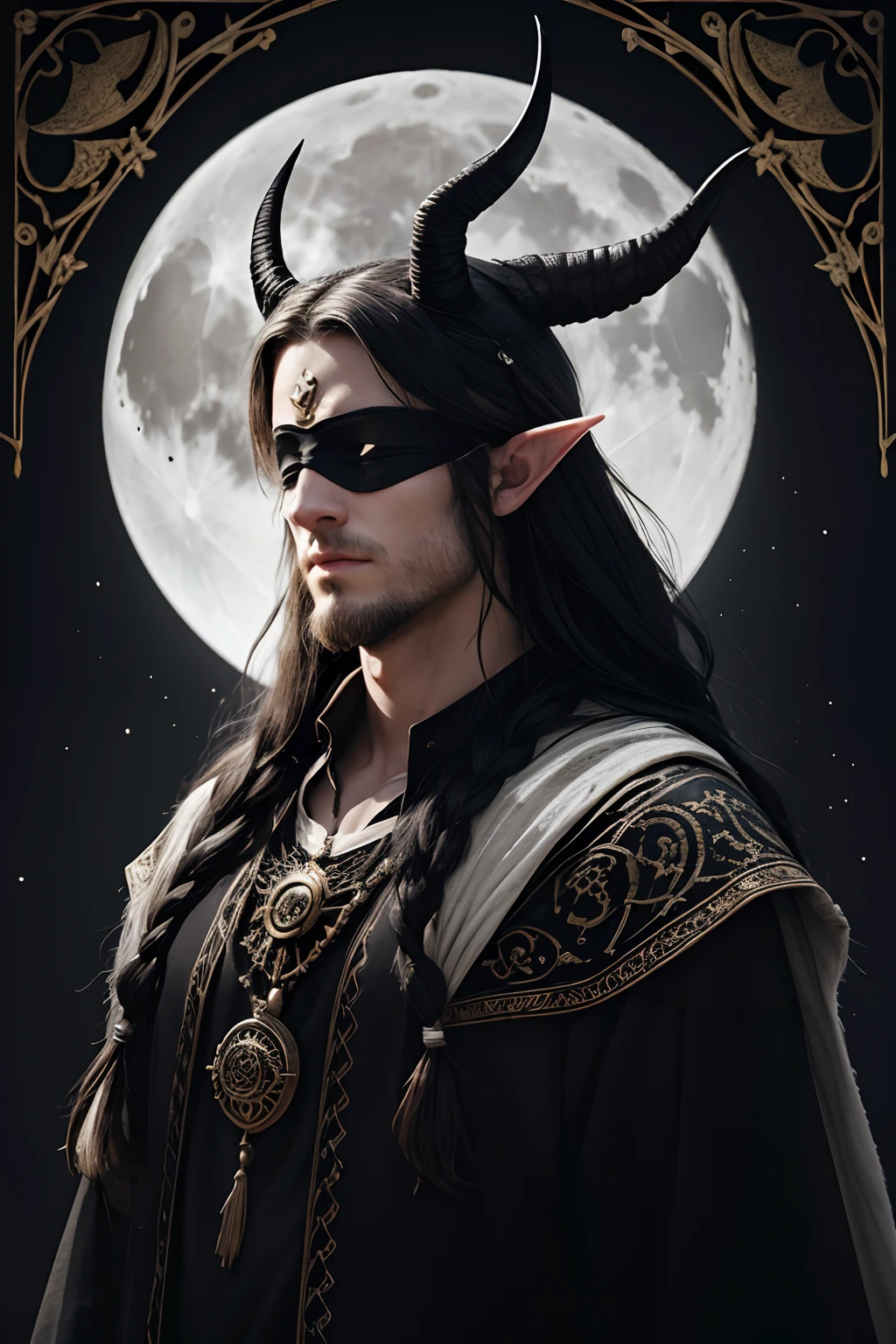 white man, full shaved beard, european, black hair, young man with a horizontal scar on noise, half elf, druid king, archdruid, life and death, nature, life and death, oak, white lotus, black clothing, vines, master piece, fantasy, dnd, praying, epic, casting spell of life and death, stars, moon, astromancer, dreamer, duality, american angle, dark and light, black and white tones, horns, sun light and moon light, blindfold, divided background