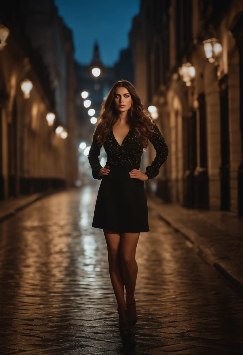 professional full body photo of young woman, hyper long brunette hair, elegant hair, wearing a short skirt, curvy body, long legs, (imperfect skin), detailed skin, intense freckles, super long eye lashes, at night, outside, city background, 8k ultra detailed, realistic, high quality, film grain, low contrast