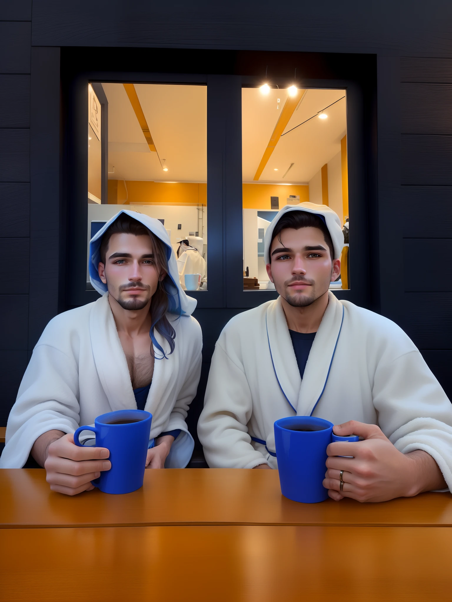 They're sitting at a table with cups of coffee, vestes azuis, vestindo vestes simples, por Romain brook, vestes azuis e brancas escuras, in robes, vestindo vestes brancas!, Fotografia tirada em 2 0 2 0, vestindo um manto azul, wearing robes, Baristas australianos, imagem de perfil, covered in robes, vestindo manto azul, clad in robes