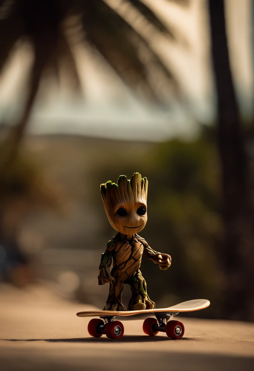 groot andando de skate em um ralf na beira da praia