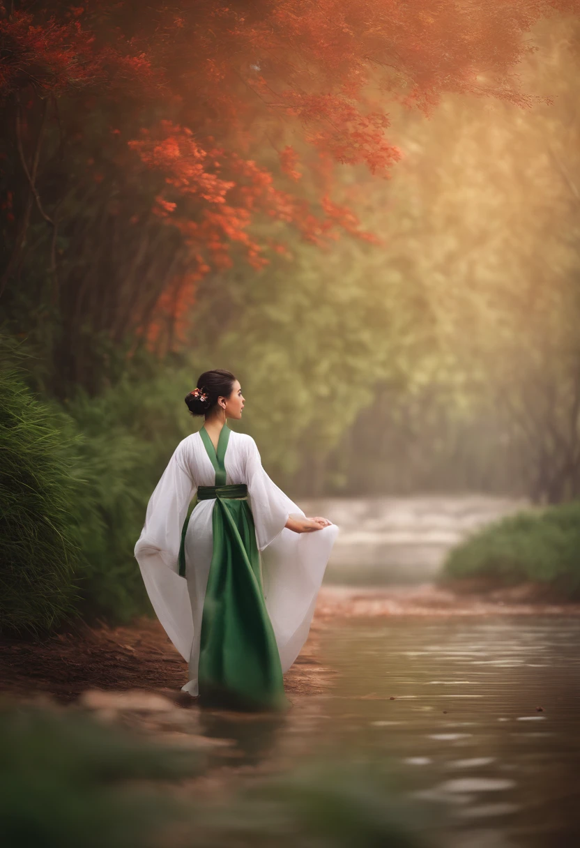 master part, extremamente detalhado CG unidade 8k papel de parede, 1 girl, Beautiful, Realistic, blur, Fundo desfocado, primeiro plano borrado, Floresta de Bambu, profundidade de campo, Brincos, jewelries, nariz, Realistic, sozinho, Hanfu, segurando o guarda-chuva de papel oli, chuva