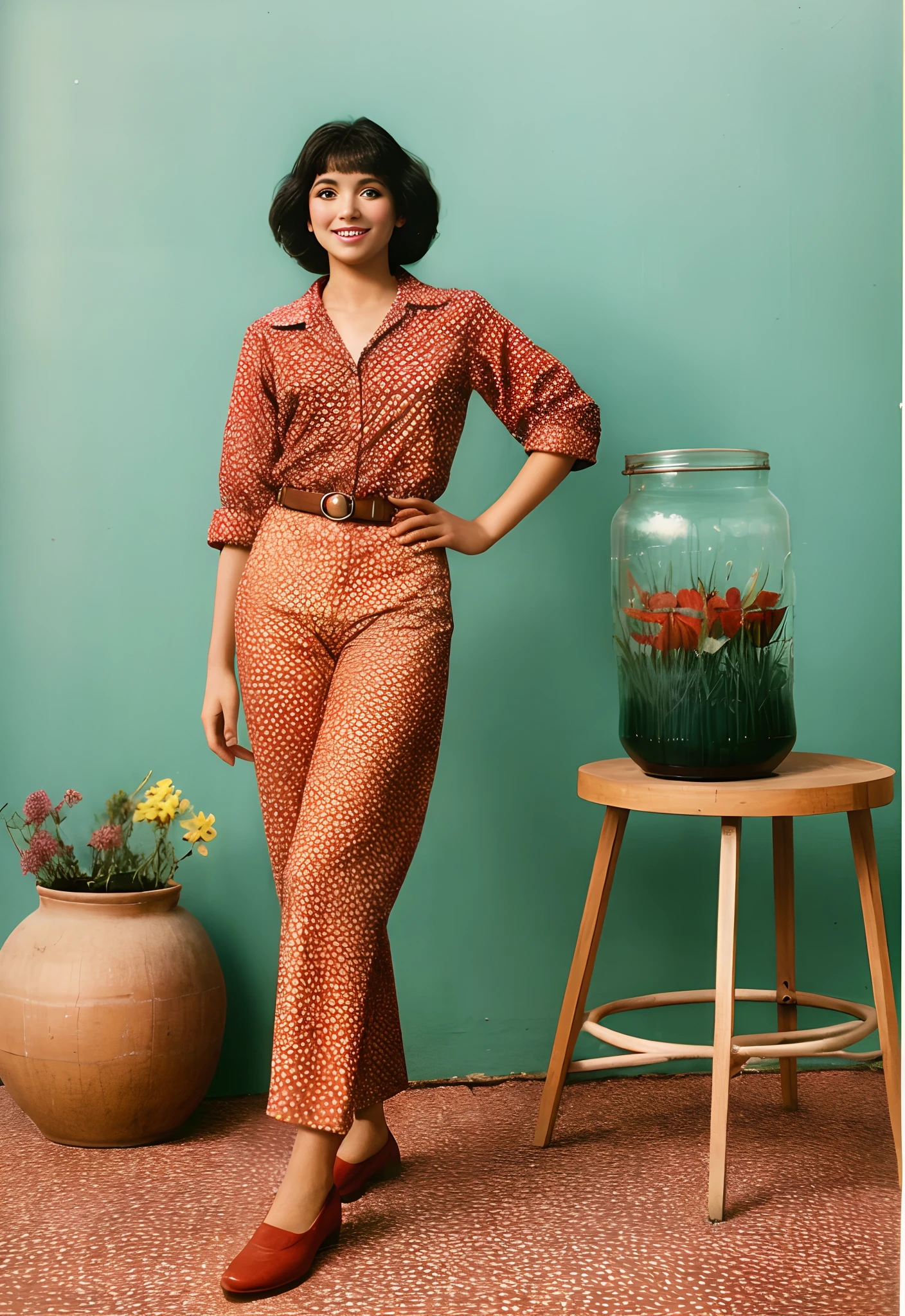 Beautiful woman posing for photograph with printed fabrics from the 70s, En pie, Los pies se meten en un gran frasco de vidrio lleno de agua que se desborda y cae al suelo.
