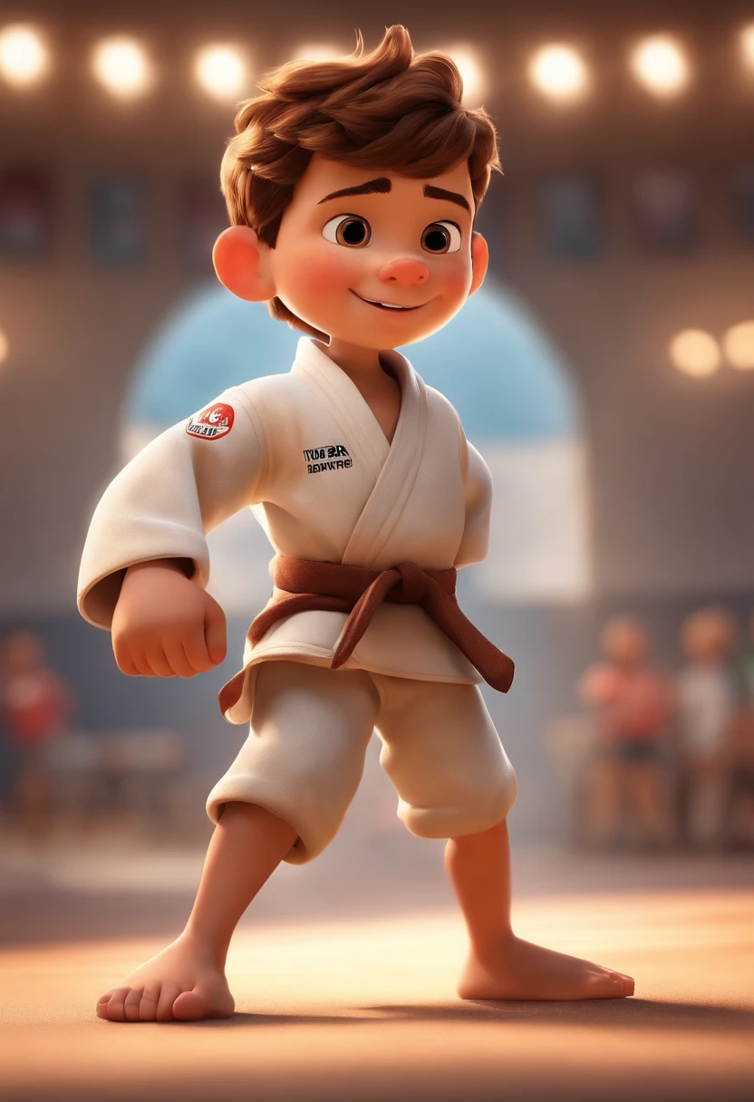 Image of a boy for a story in a YouTube video in Pixar format, He's Arthur, He's the class leader, He's outgoing, Playful, he loves judo, poster passa numa quadra esportiva ele esta lutando capoeira
