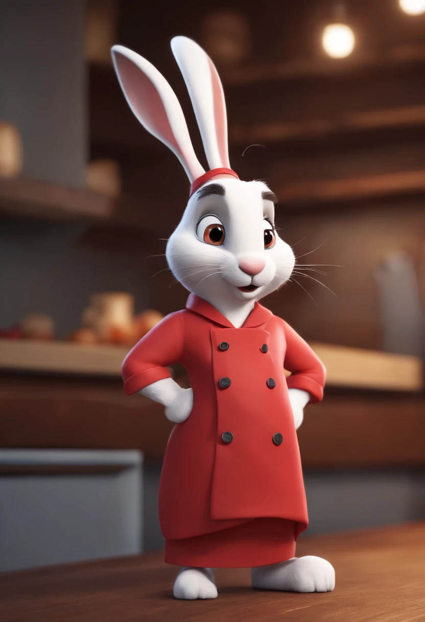 Cartoon character of a white rabbit chef with red dolman and a big white chef hat, animation character, Caractere estilizado, animation style rendering, 3D estilizado, Arnold Maya render, 3 d render stylized, toon render keyshot, Personagem 3D, Personagem 3D, 3d rendering stylized, 3 d character render, personagem de desenho animado, Personagem de close up, Pose de personagem, (Estilo Pixar) (master part:1.2) (Bokeh) (best quality) (pele detalhada) (textura detalhada) (8k) (argila) (Cinematic lighting) (foco nítido