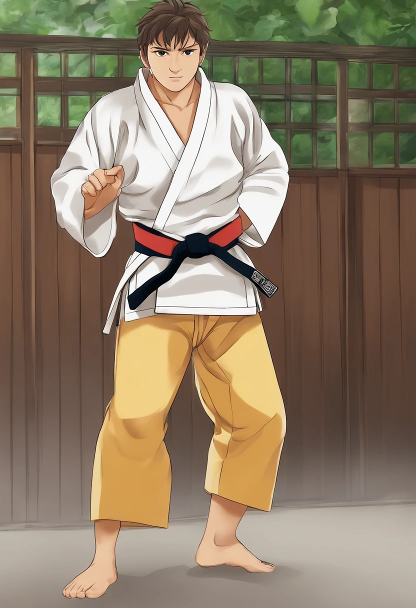 Um garoto de 10 anos de anime com um par de orelhas, seus olhos arregalados e curiosos, ele animada e feliz em me ver, Olhos bonitos, cabelos castanhos, olhos castanhos, Wearing a white judo gi, wearing a yellow judo belt, In a judo academy good art, bom desenho, Anime 2D, 2D, fofo, 2 hands and 5 fingers on each hand, beautiful hands, good hands drawn, 4k, 8k,