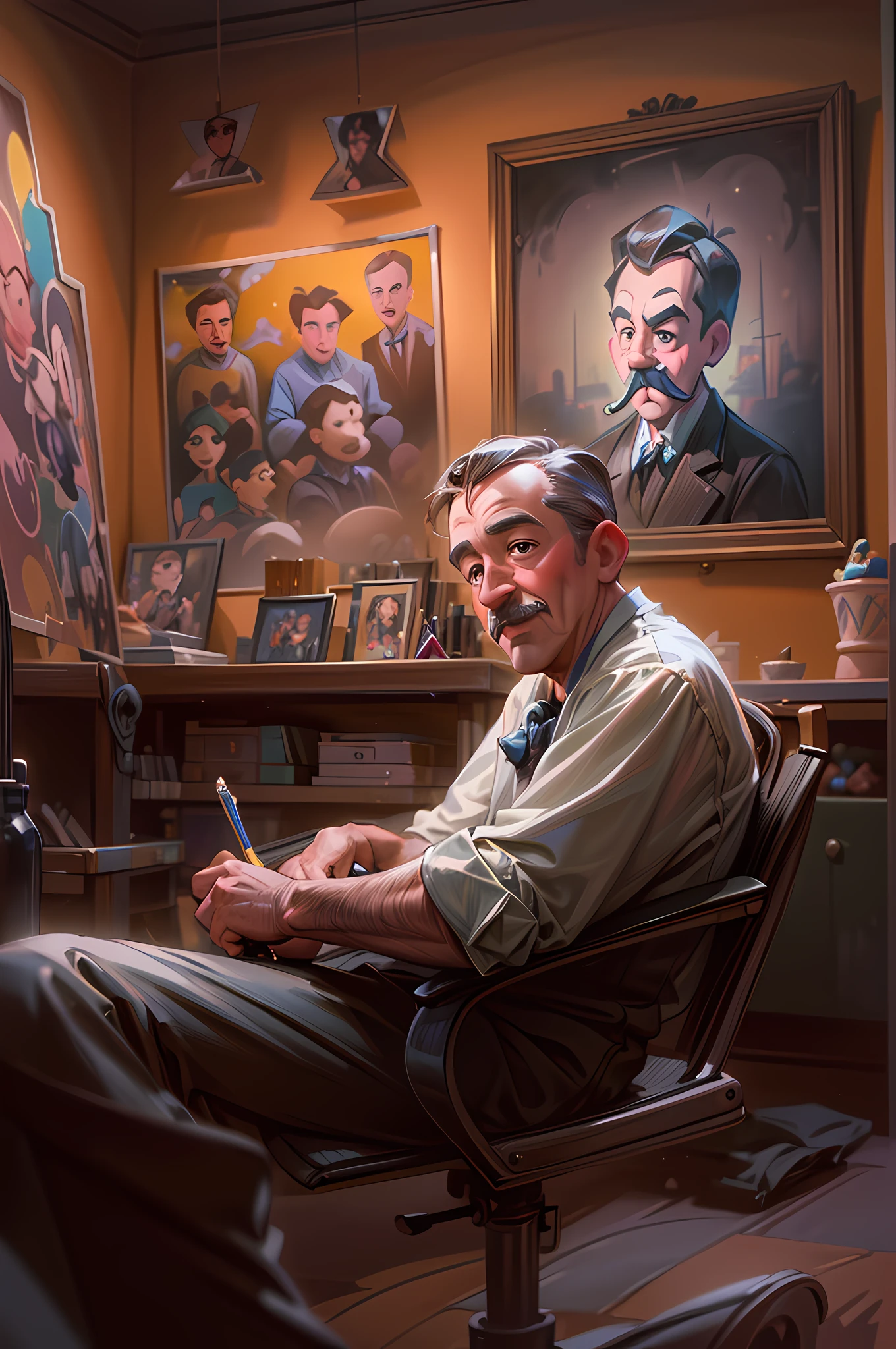 a portrait of (Walt Disney: 1.3), sitting in his work room working on his next project, florescent light, famous Disney characters painted on the walls, animation study room background, ultra detailed, Masterpiece, best quality, photorealistic, pixarstyle