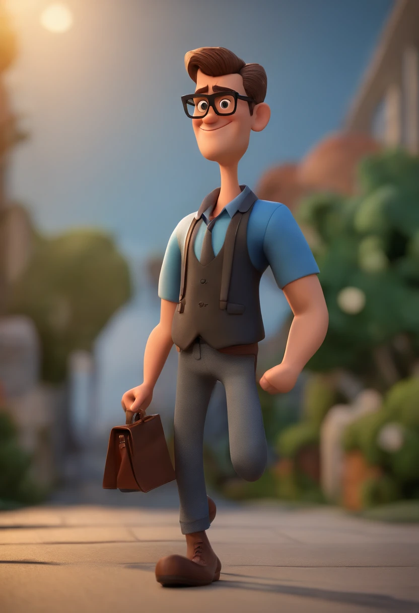 Cartoon character of a man wearing black glasses and a blue shirt, um personagem animado, Caractere estilizado, animation style rendering, 3D estilizado, Arnold Maya render, 3 d render stylized, toon render keyshot, Personagem 3D, Personagem 3D, 3d rendering stylized, 3 d character render, personagem de desenho animado, Personagem de close up, Pose de personagem, (Estilo Pixar) (master part:1.2) (Bokeh) (best quality) (pele detalhada) (textura detalhada) (8k) (argila) (Cinematic lighting) (foco nítido，Senta e vaza a parte superior do corpo