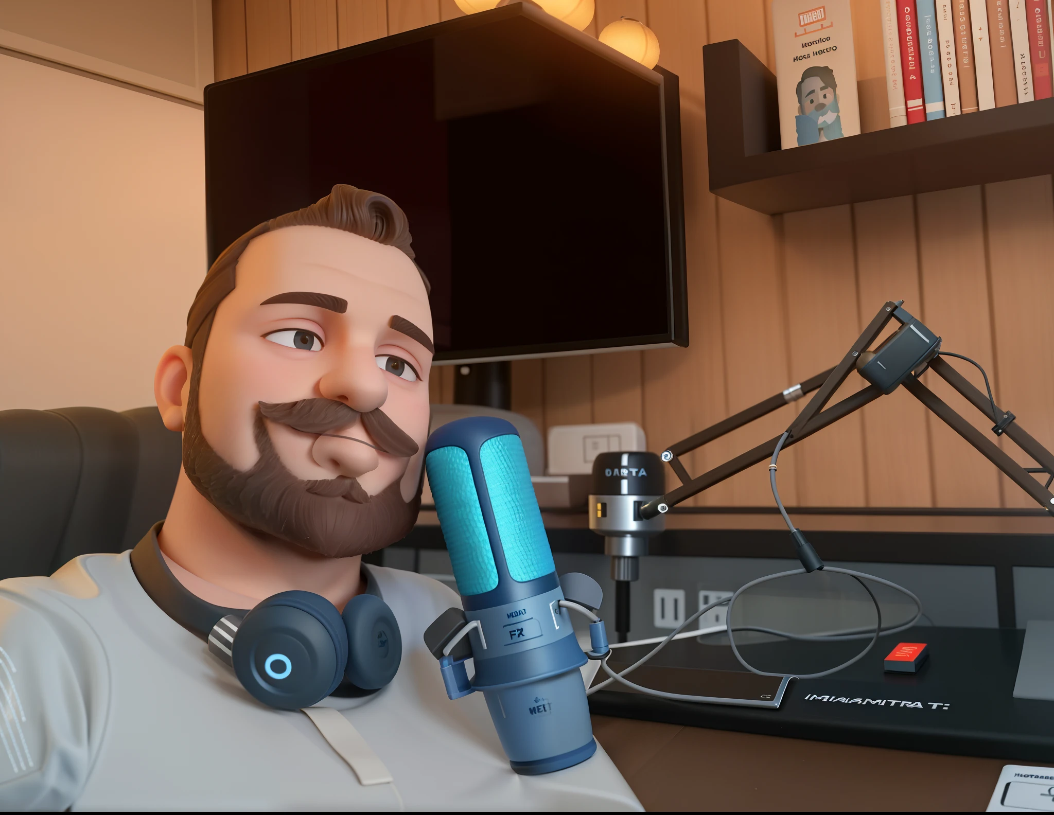 um homem jovem, moreno de barba curta bem cerrada, rosto quadrado, testa larga, cabelo bem curto com umas pequenas entradas na testa, labios grosso, Medium eyebrows, Small nose and is smiling. He's an English teacher sitting in a chair with headphones on and a microphone in front of him, Streamer do Twitch / Jogador Ludwig, sentado em frente a um microfone, Foto de perfil do headshot, imagem do avatar, foto do perfil, foto de perfil 1024px, taken in the early 2020s, in his basement studio, Tyler Oeste, Streamer do Twitch