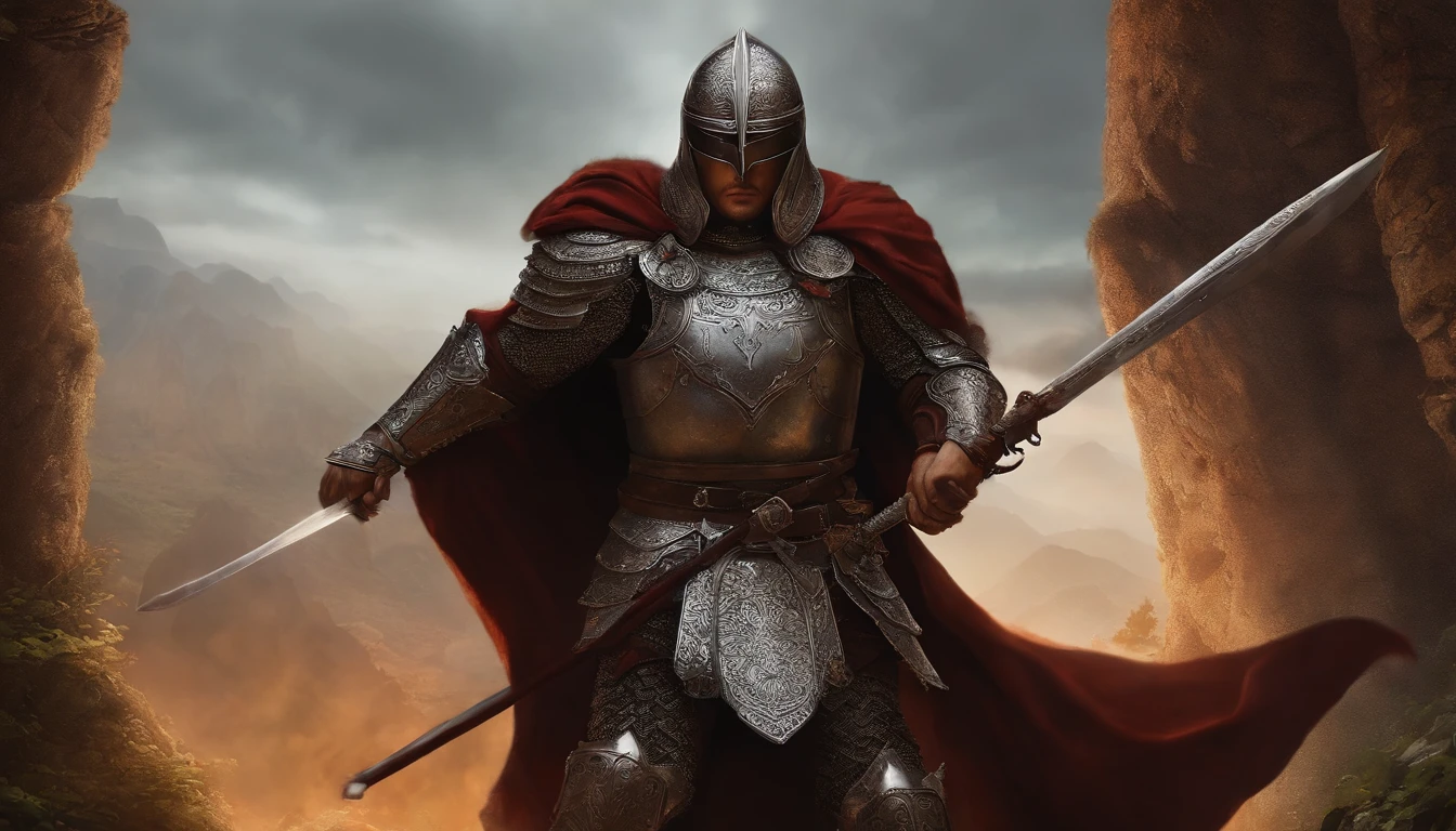 Cavaleiro das trevas, com capacete alado, vestindo armadura prateada, uma capa que tem asas gigantes com penas pretas, usando uma grande espada (Berserk) estilo pixel art