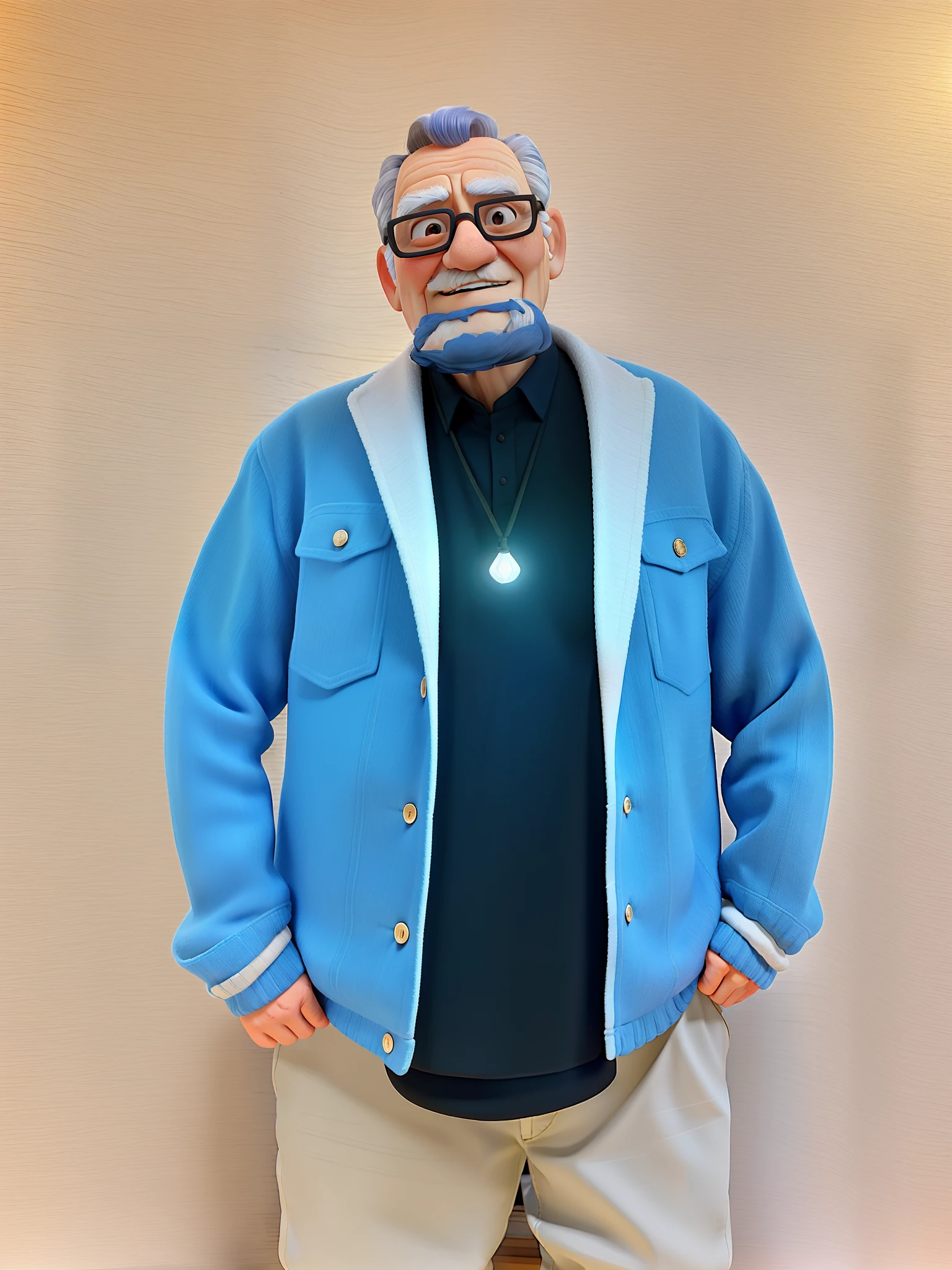 A wise old man standing in front, illuminated by the light of a lamp, against the backdrop of a library
